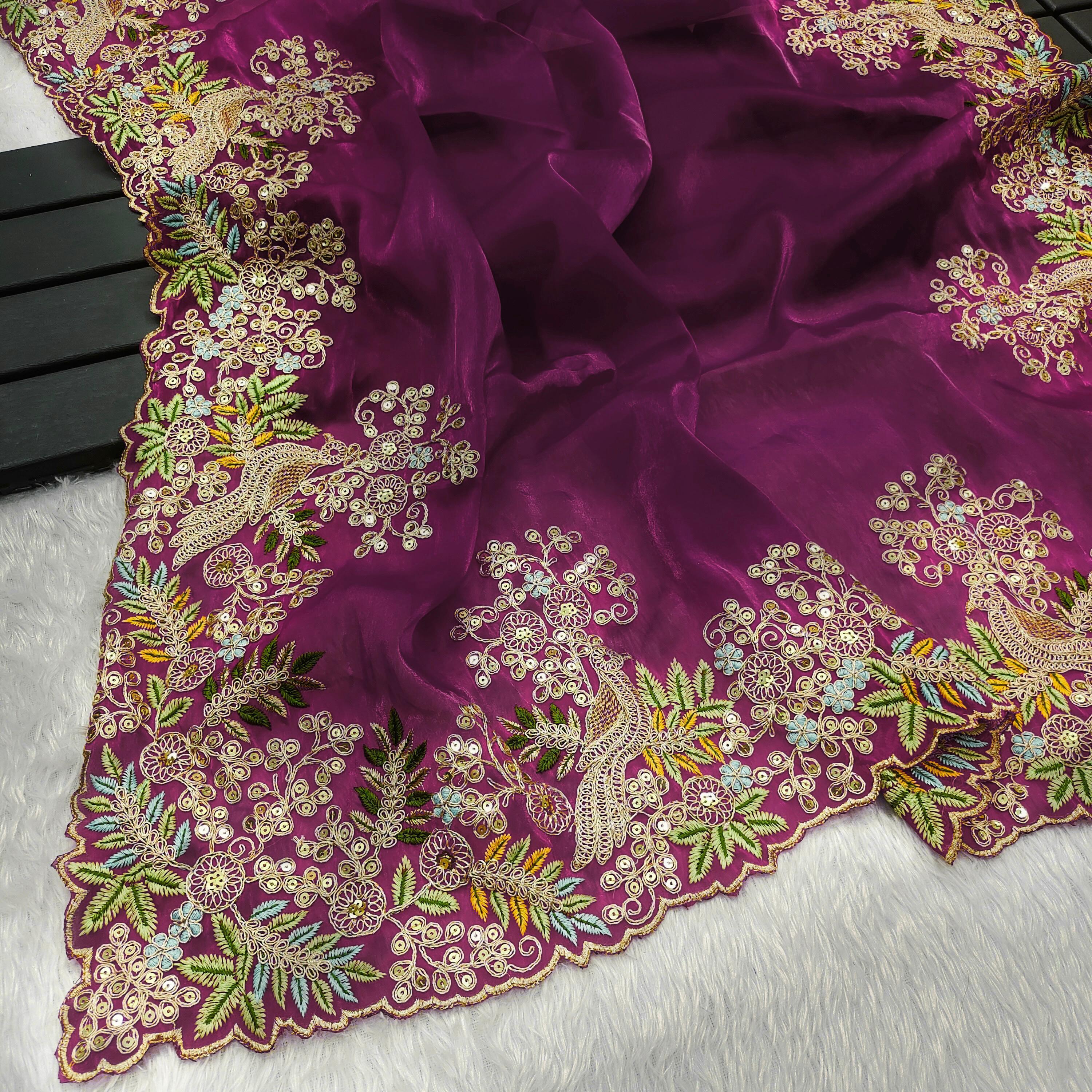 Traditional Wear Embroidery Work Wine Color Saree