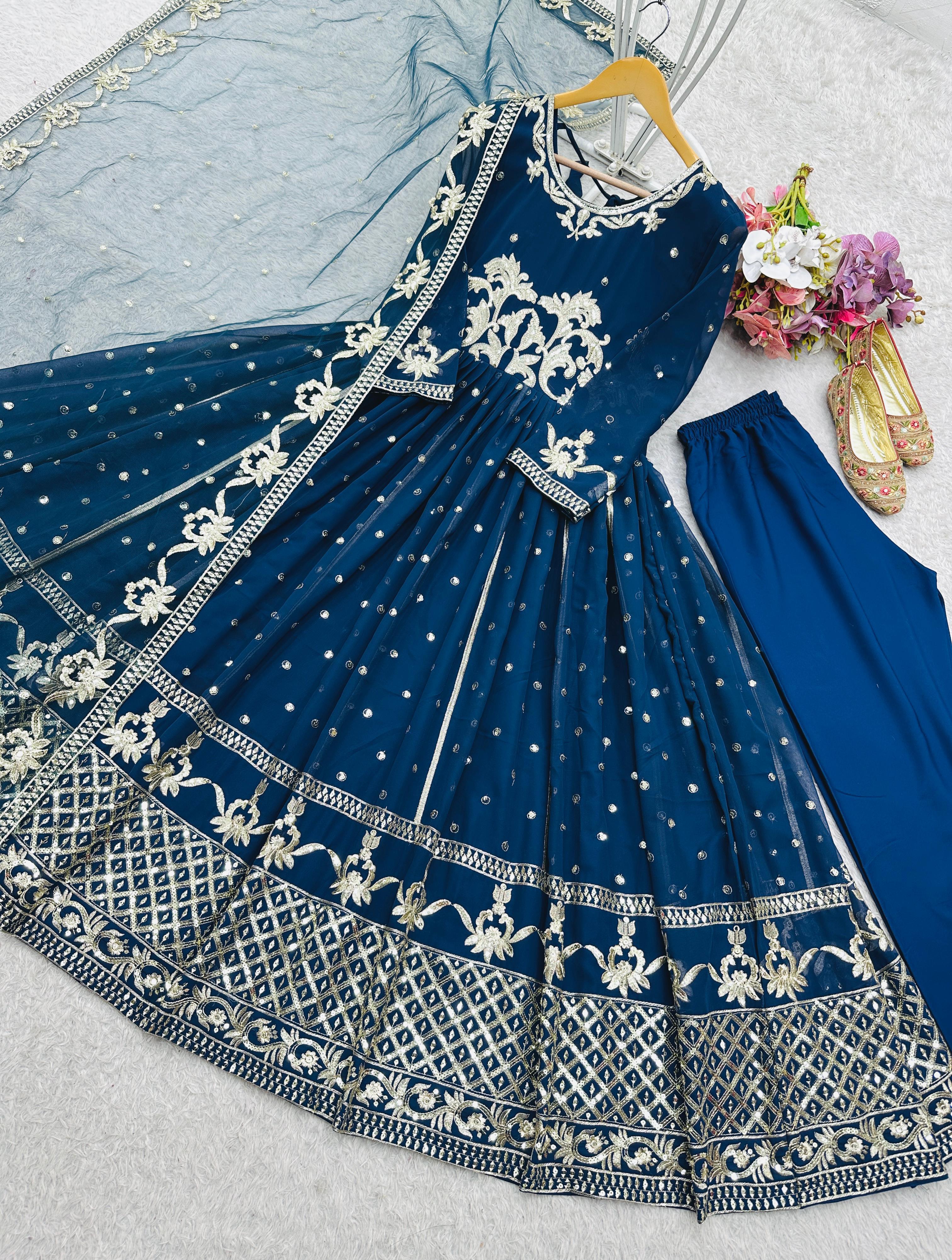 Stylish Blue Georgette Sequence Work Gown