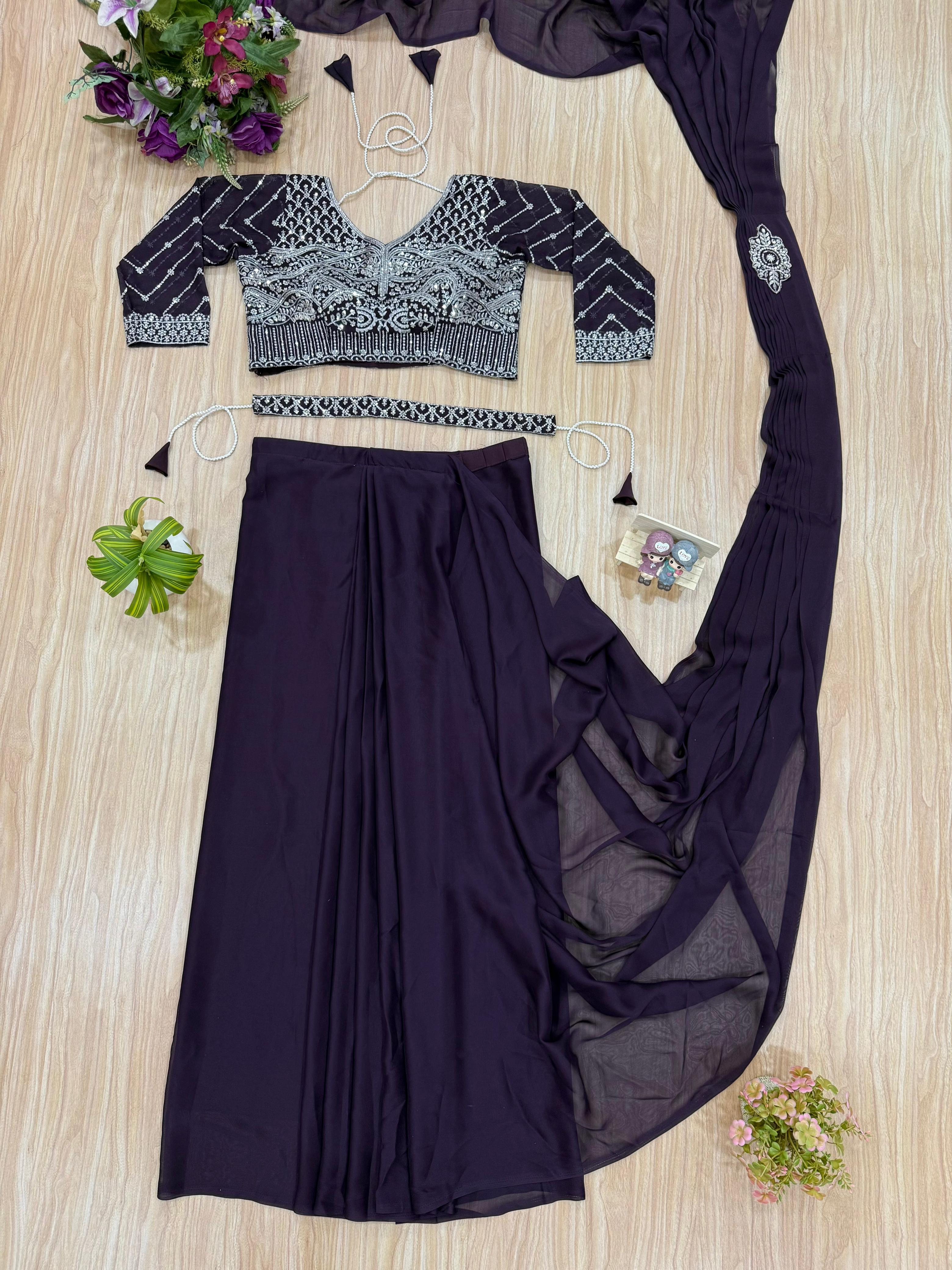 Wedding Wear Embroidery Work Purple Color Ready To Wear Saree