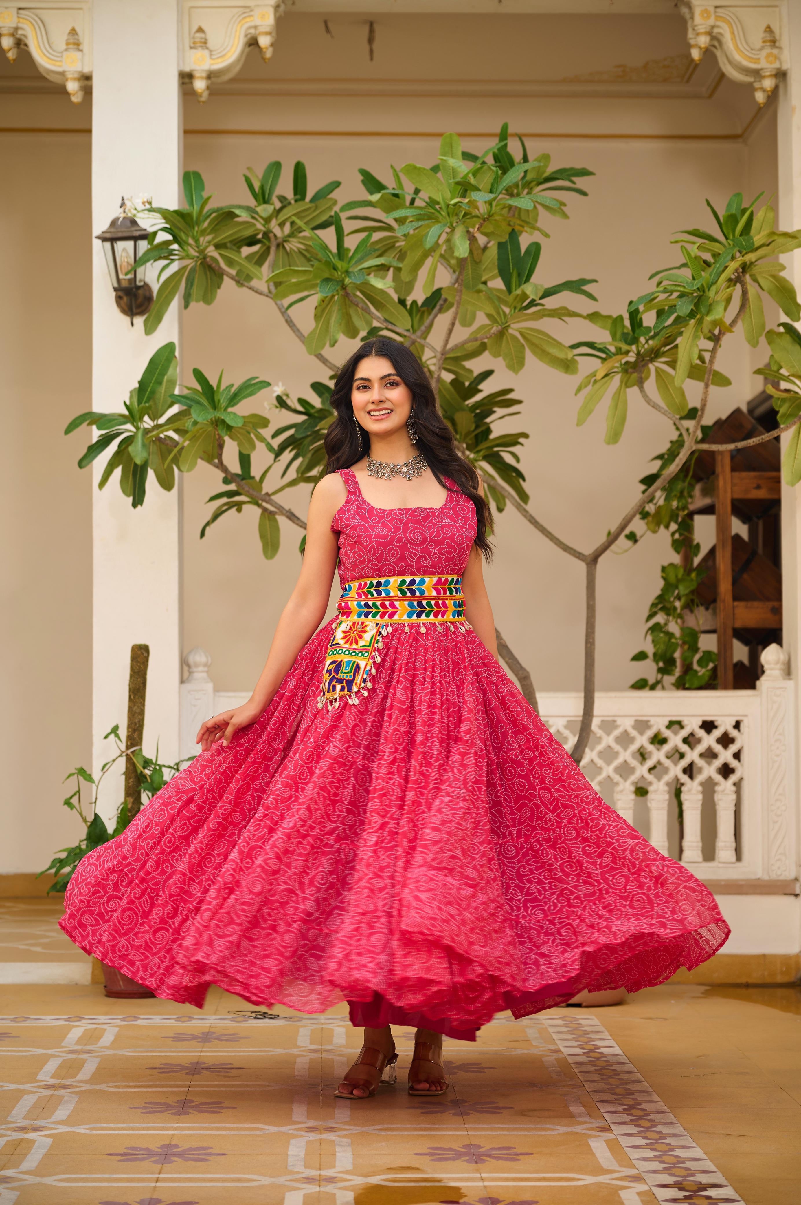 Bandhani Print Pink Color Navratri Gown
