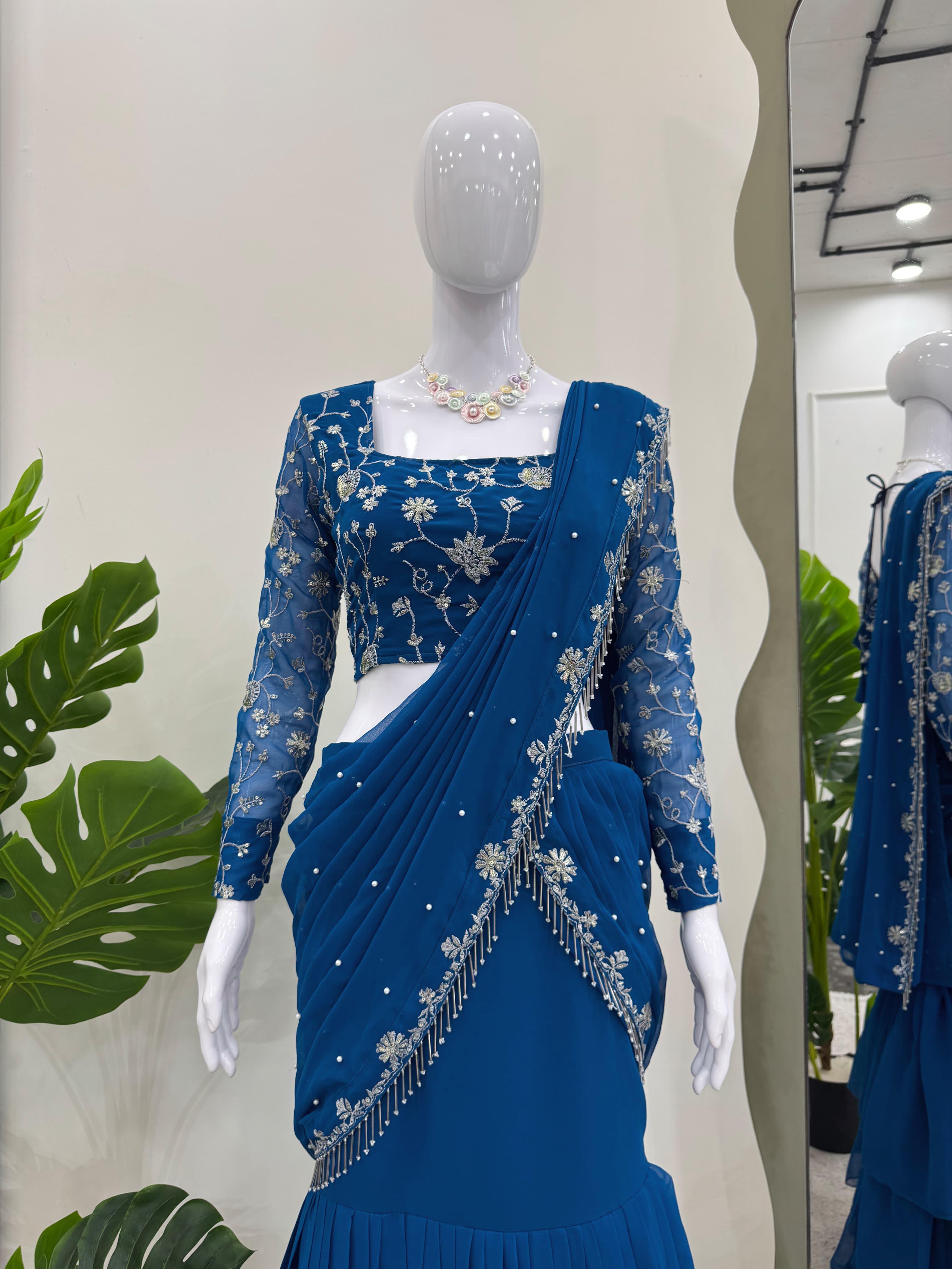 Look Designer Blue Color Sequence Work Lehenga Saree