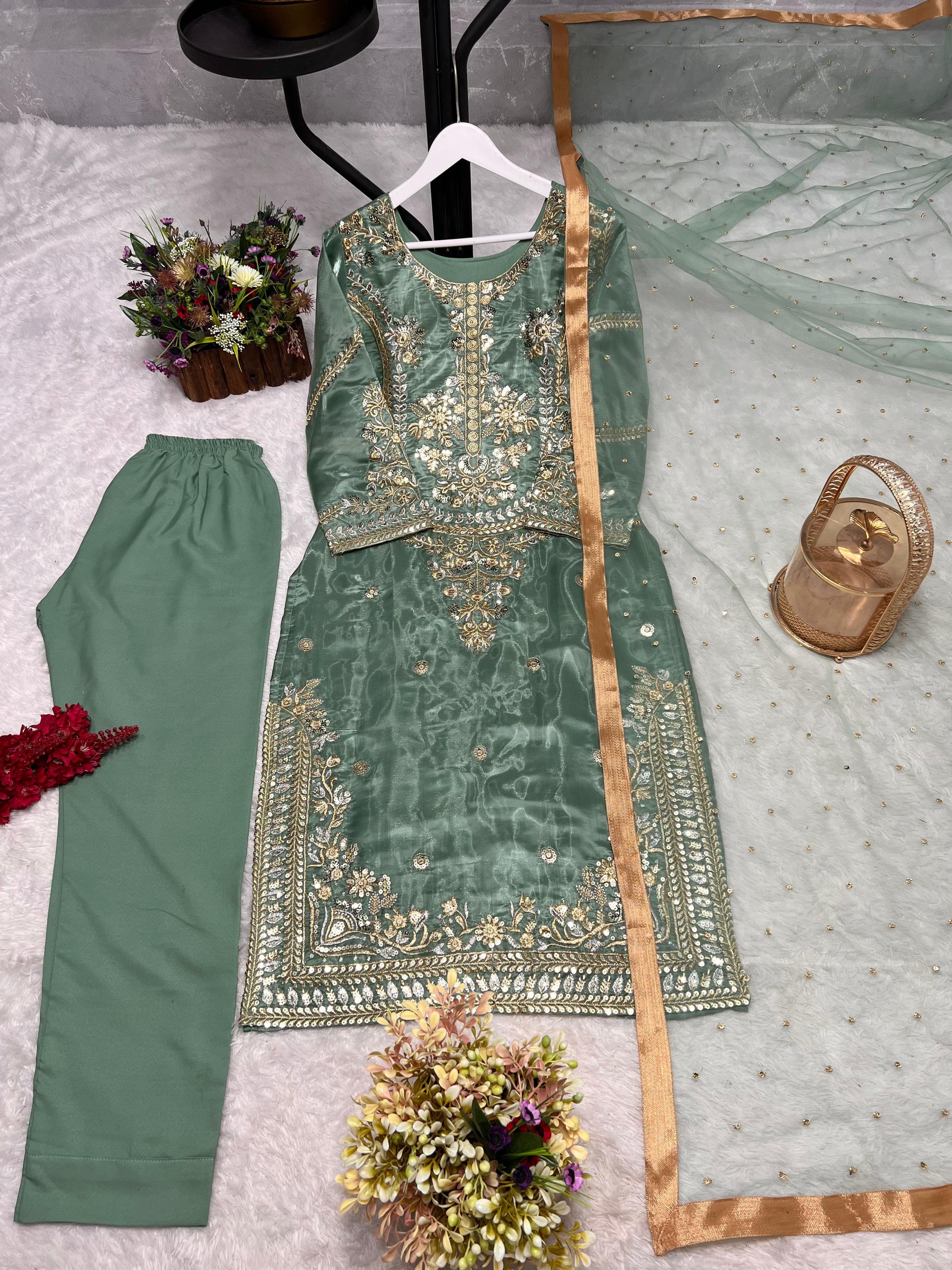 Alluring Pista Silk Embroidery Anarkali Suit