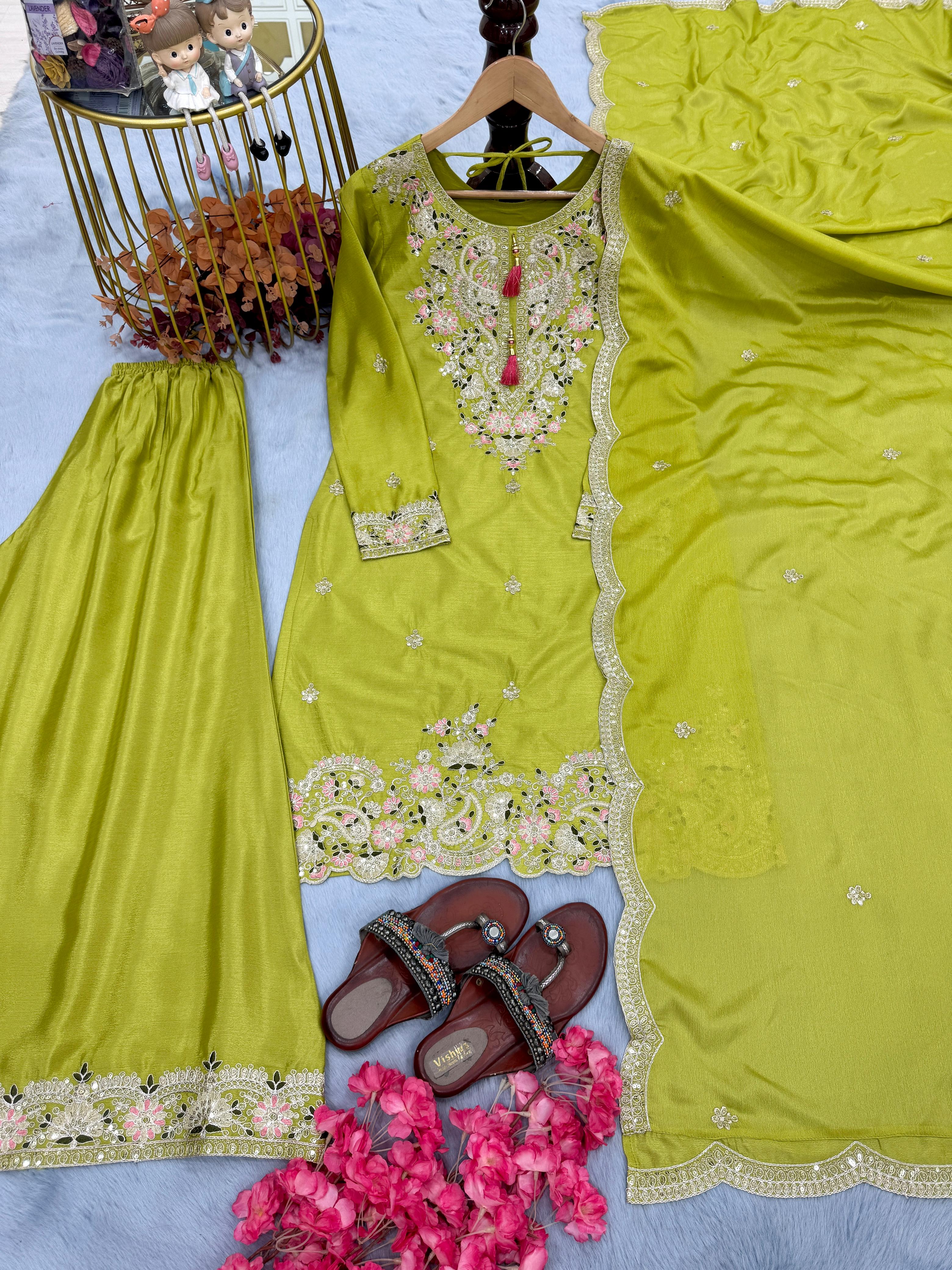 Outstanding Chinon Silk Perrot Green Color Color Palazzo Suit