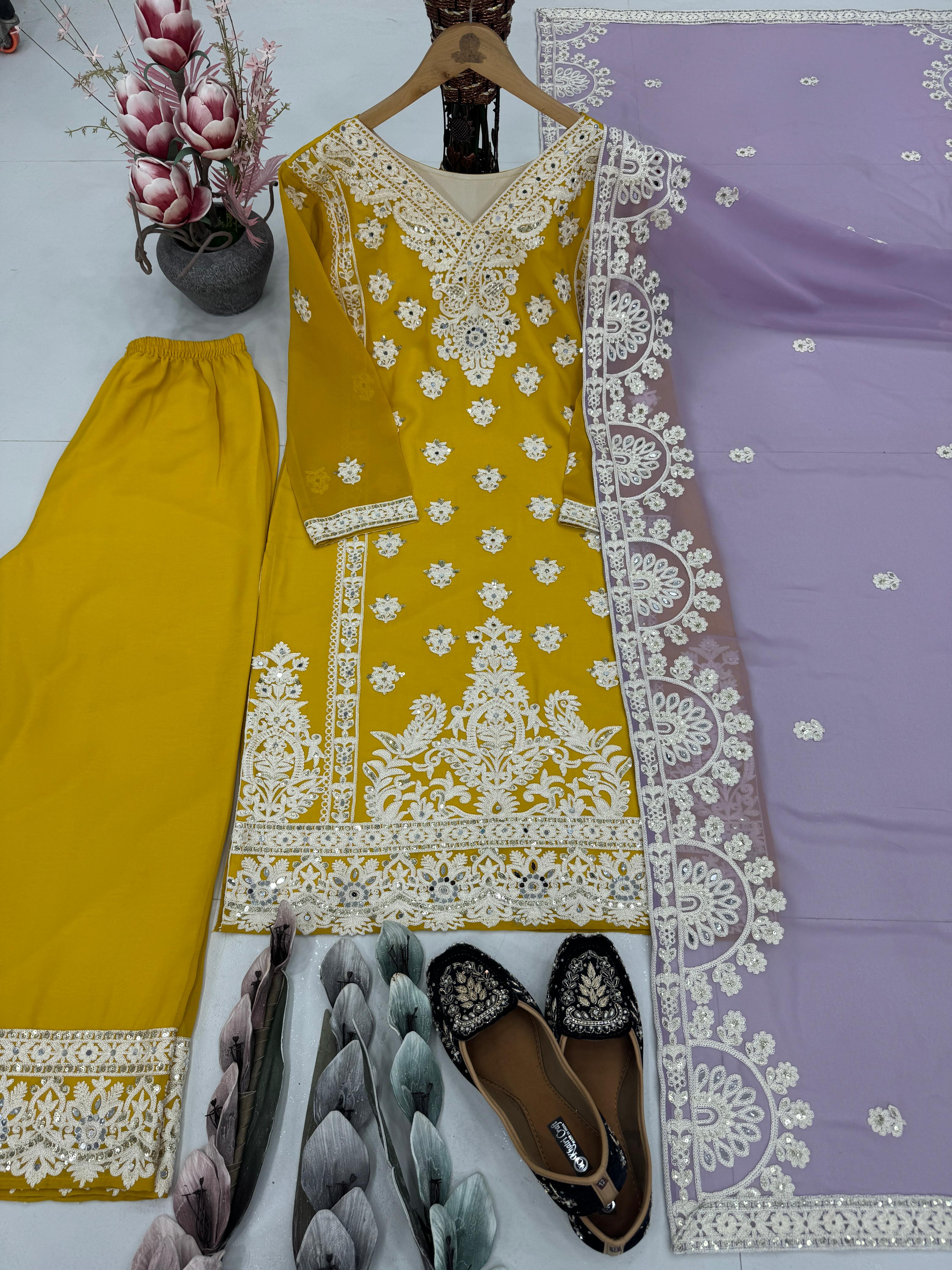 Embroidered Yellow Color Attractive Palazzo Suit Set