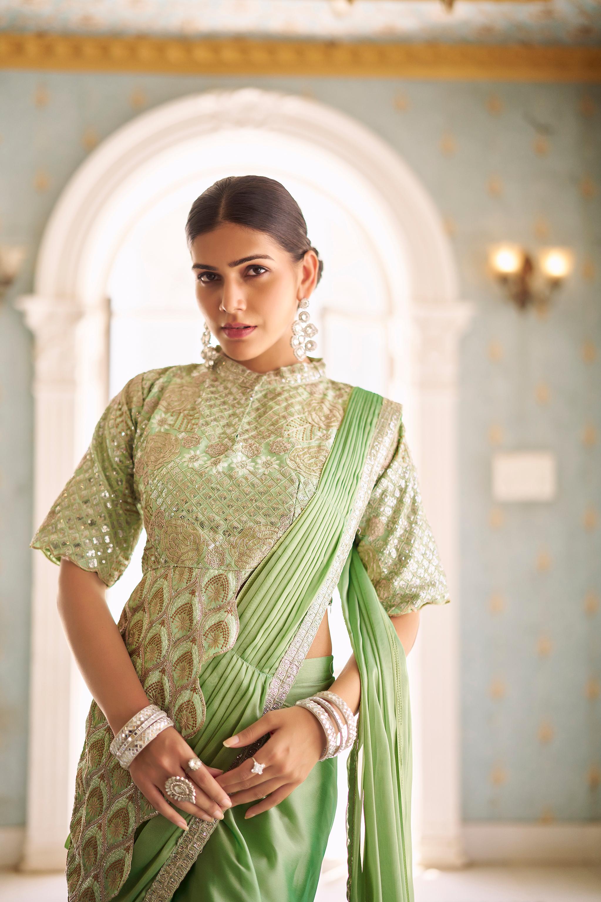 Classy Chinon Embroidery Work Pista Color Ready To Wear Saree