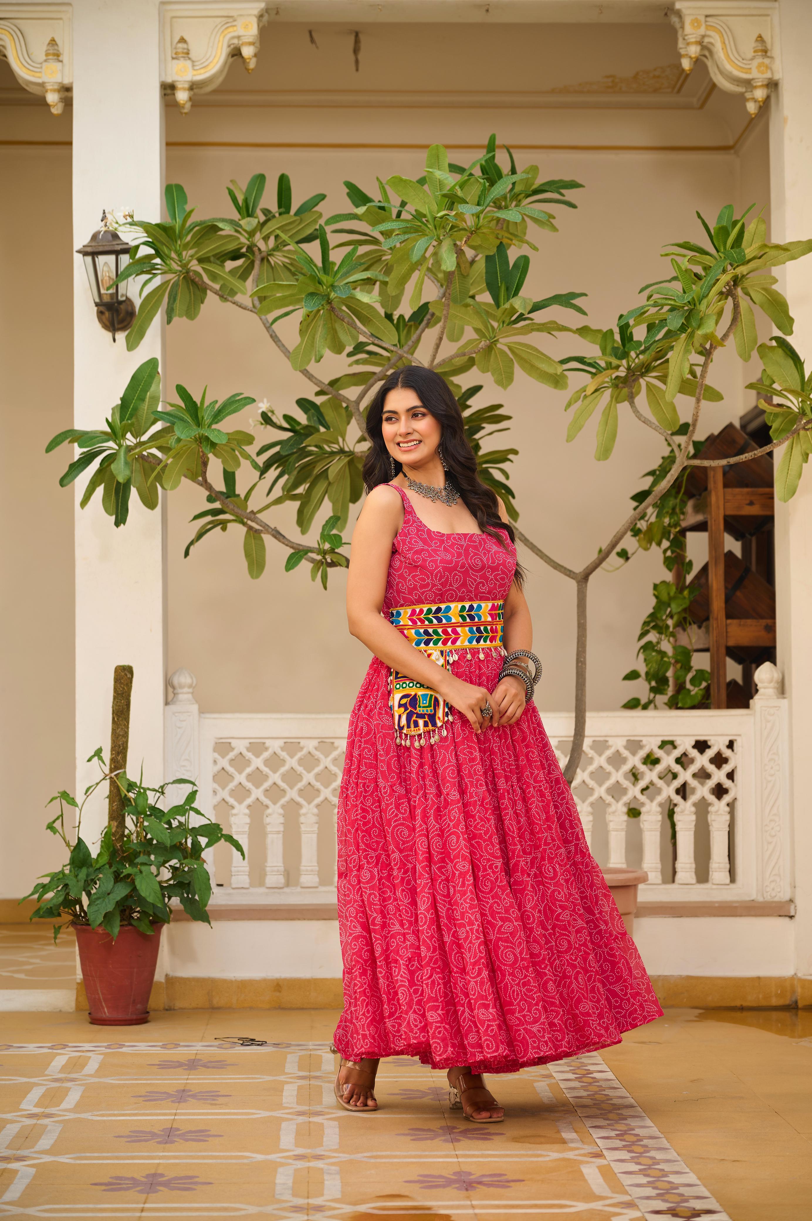 Bandhani Print Pink Color Navratri Gown