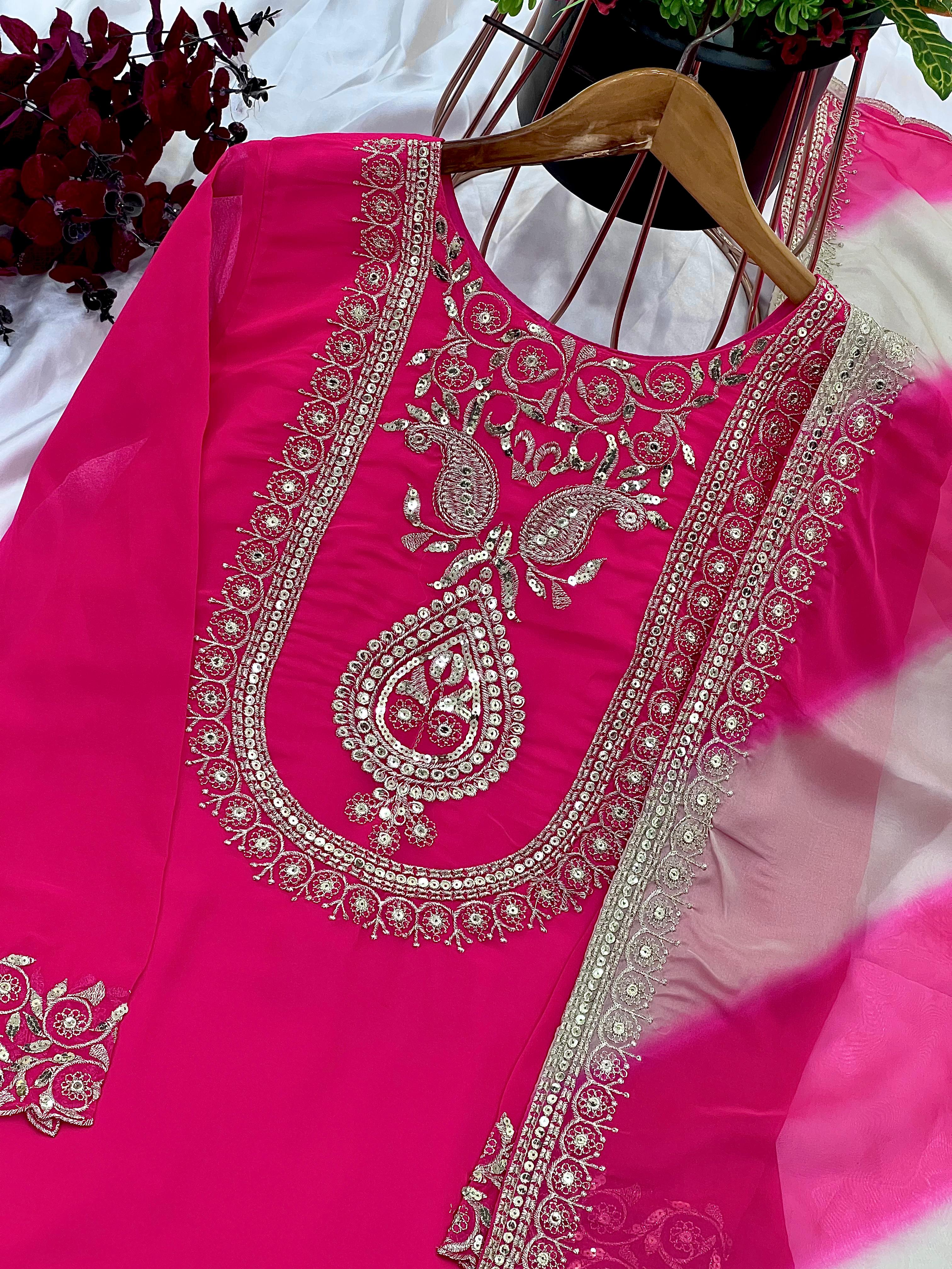 Delightful Georgette Sequence Work Pink Color Sharara Suit