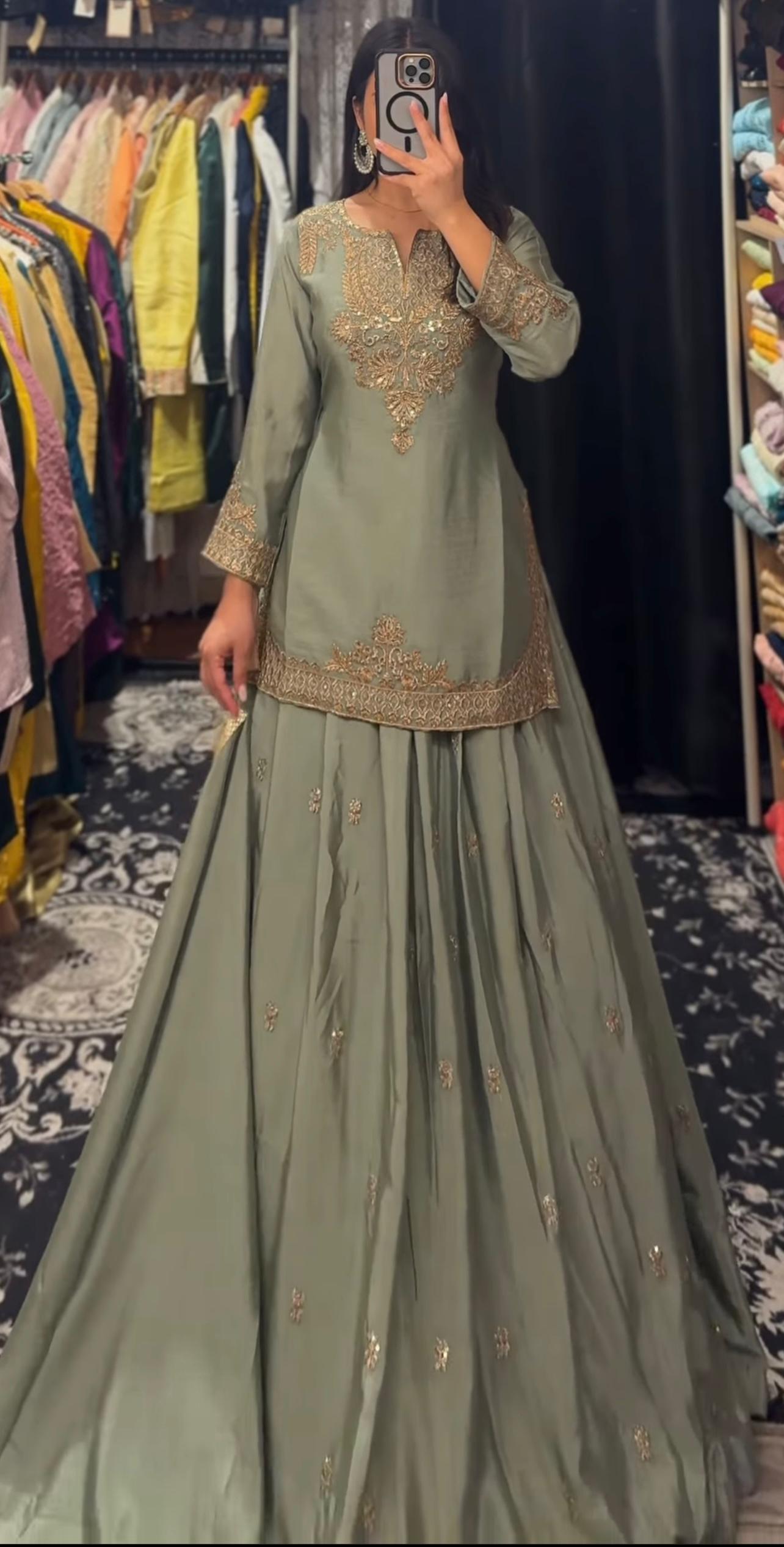 Good Looking Embroidery Work Mehndi Color Top With Lehenga Choli