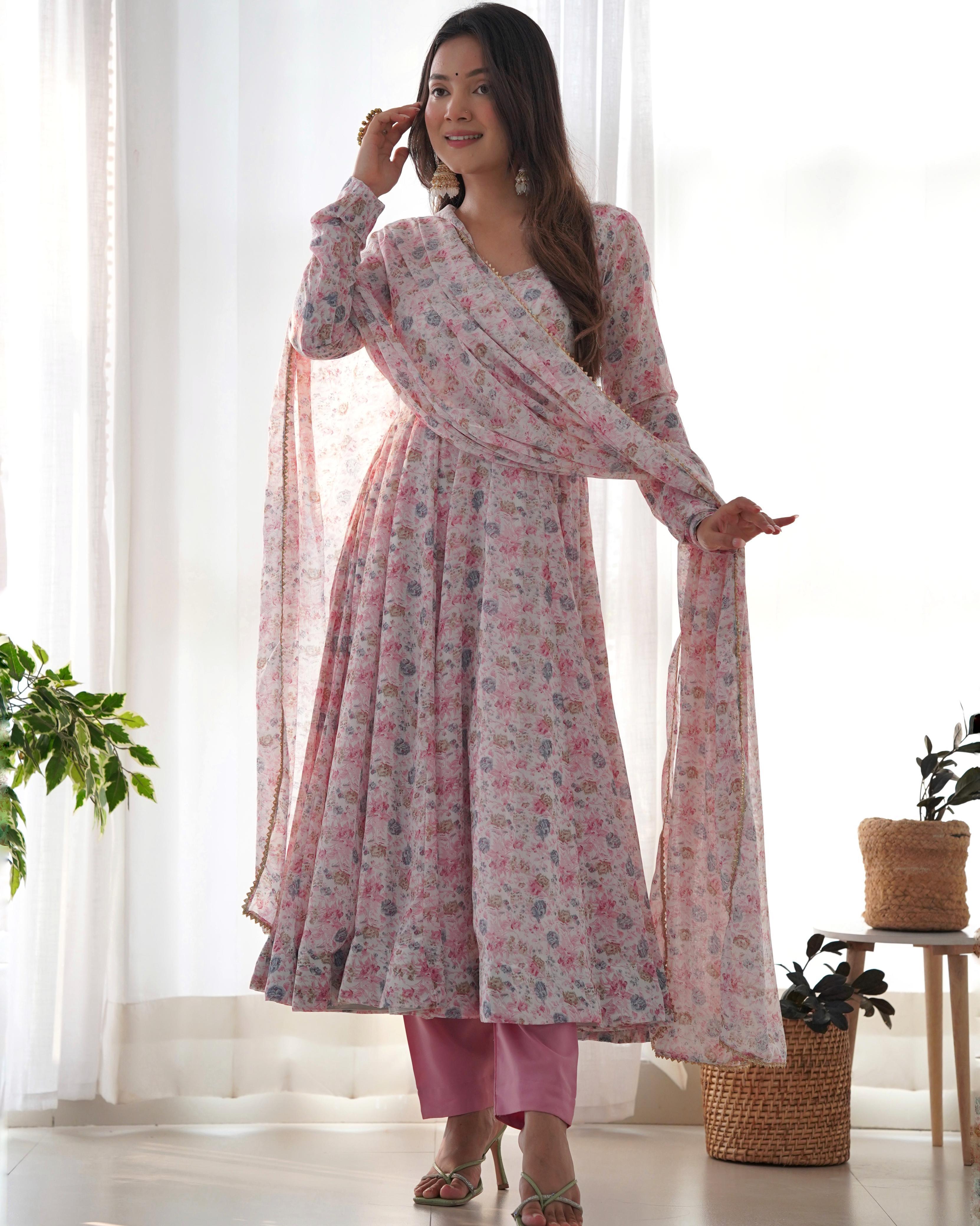 Trendy Orange Flower Print Pink Color Anarkali Suit