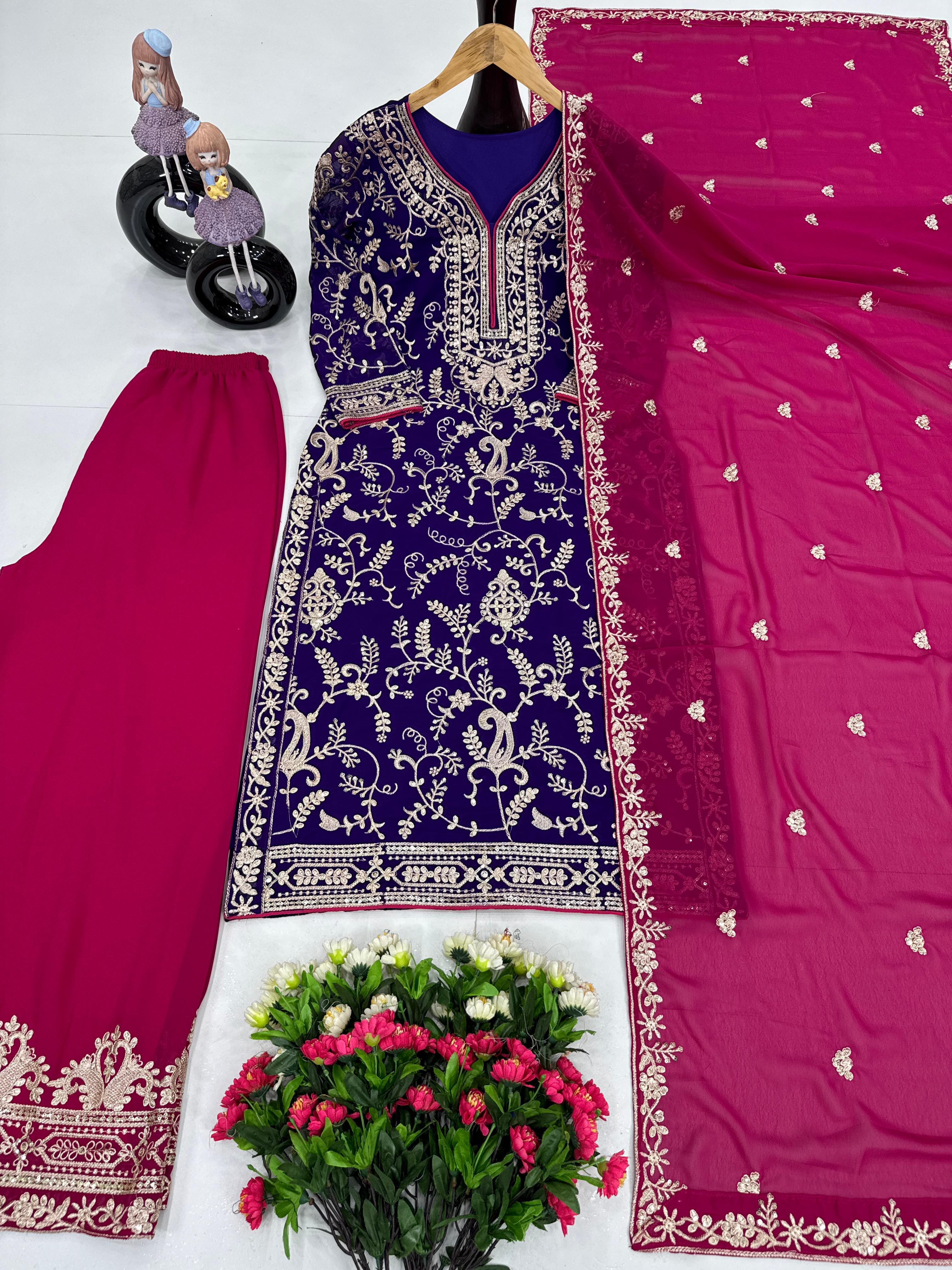 Good Looking Heavy Work Purple Color Palazzo Suit