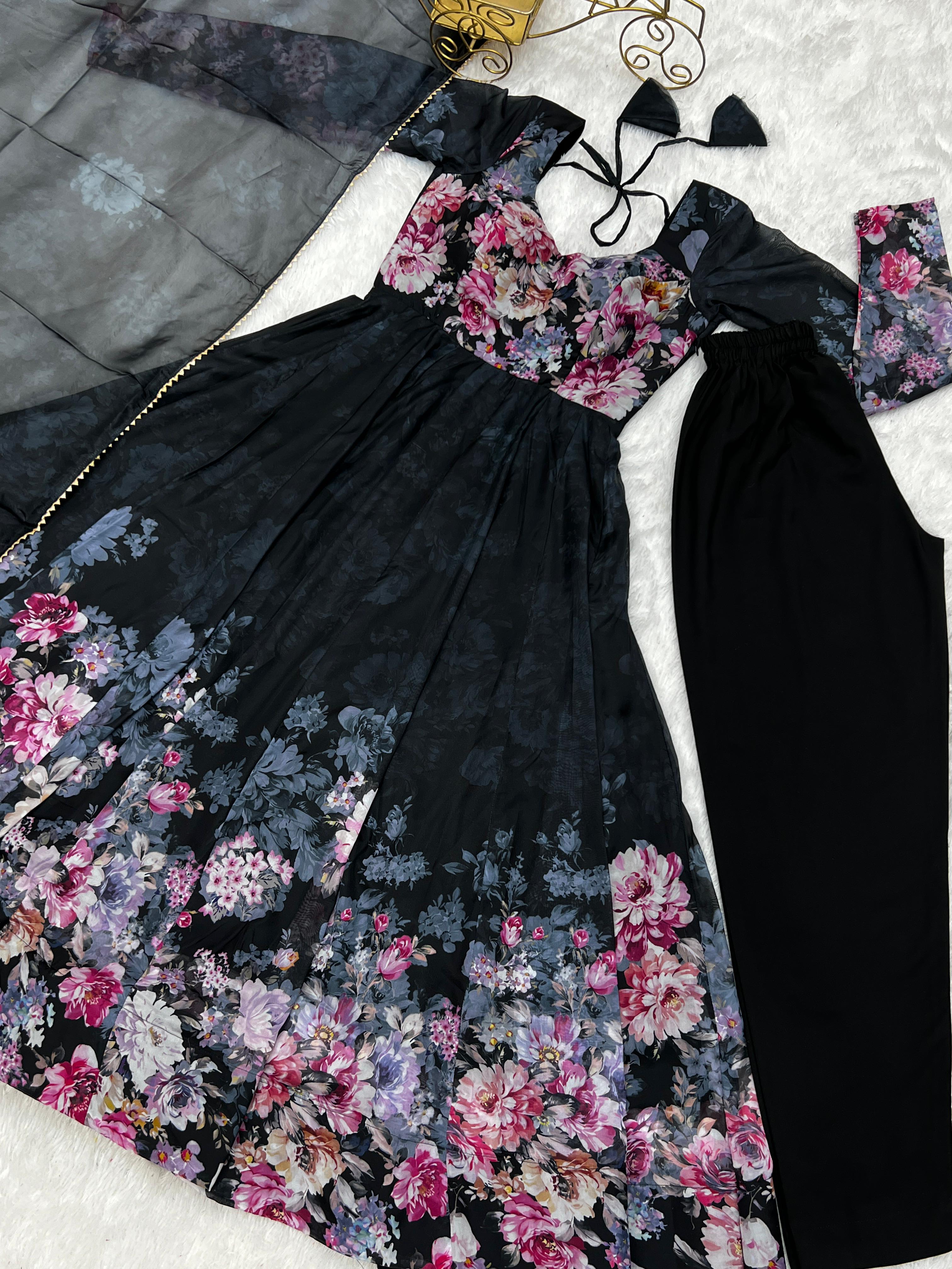 Casual Wear Multi Flower Print Black Color Anarkali Suit