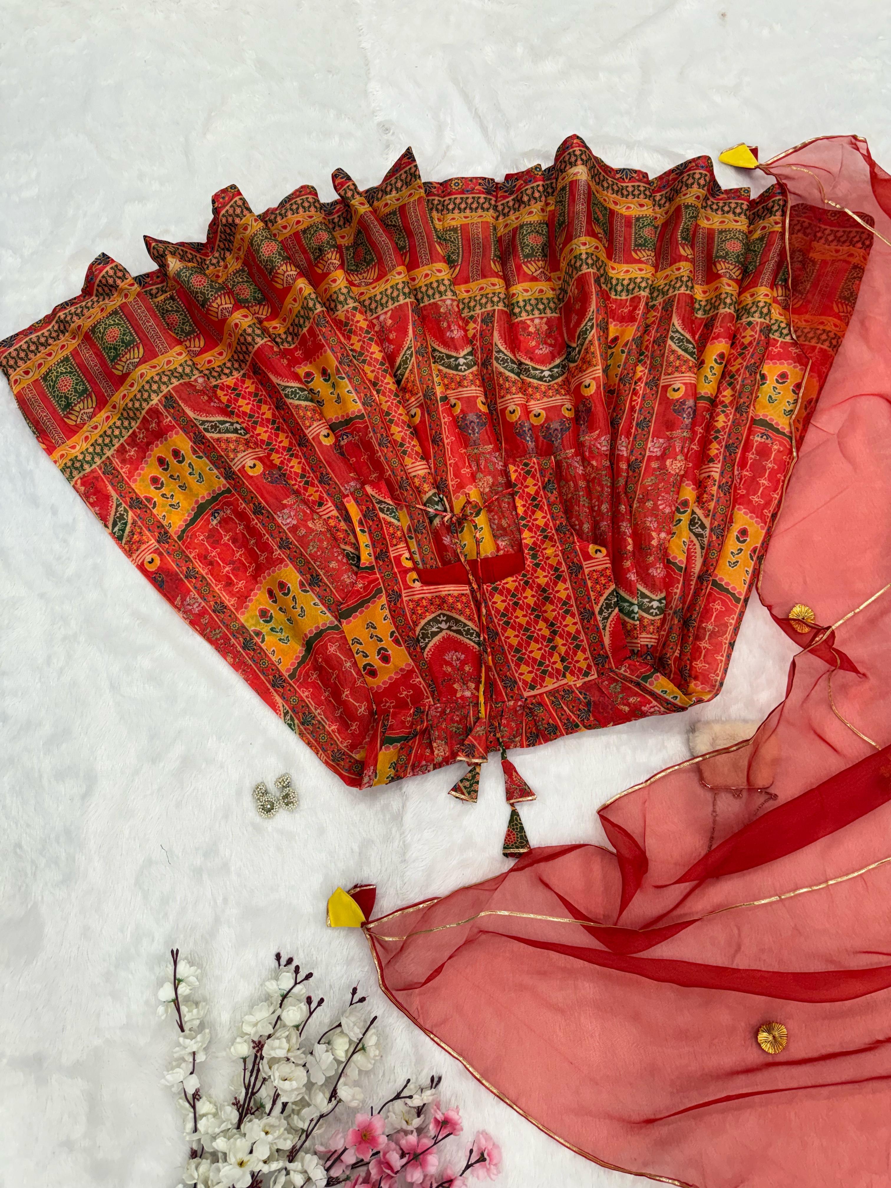 Alluring Red Organza Printed Anarkali Gown