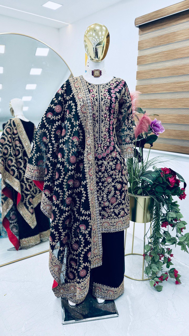 Demanding Navy Blue Color Sequence Work Palazzo Suit
