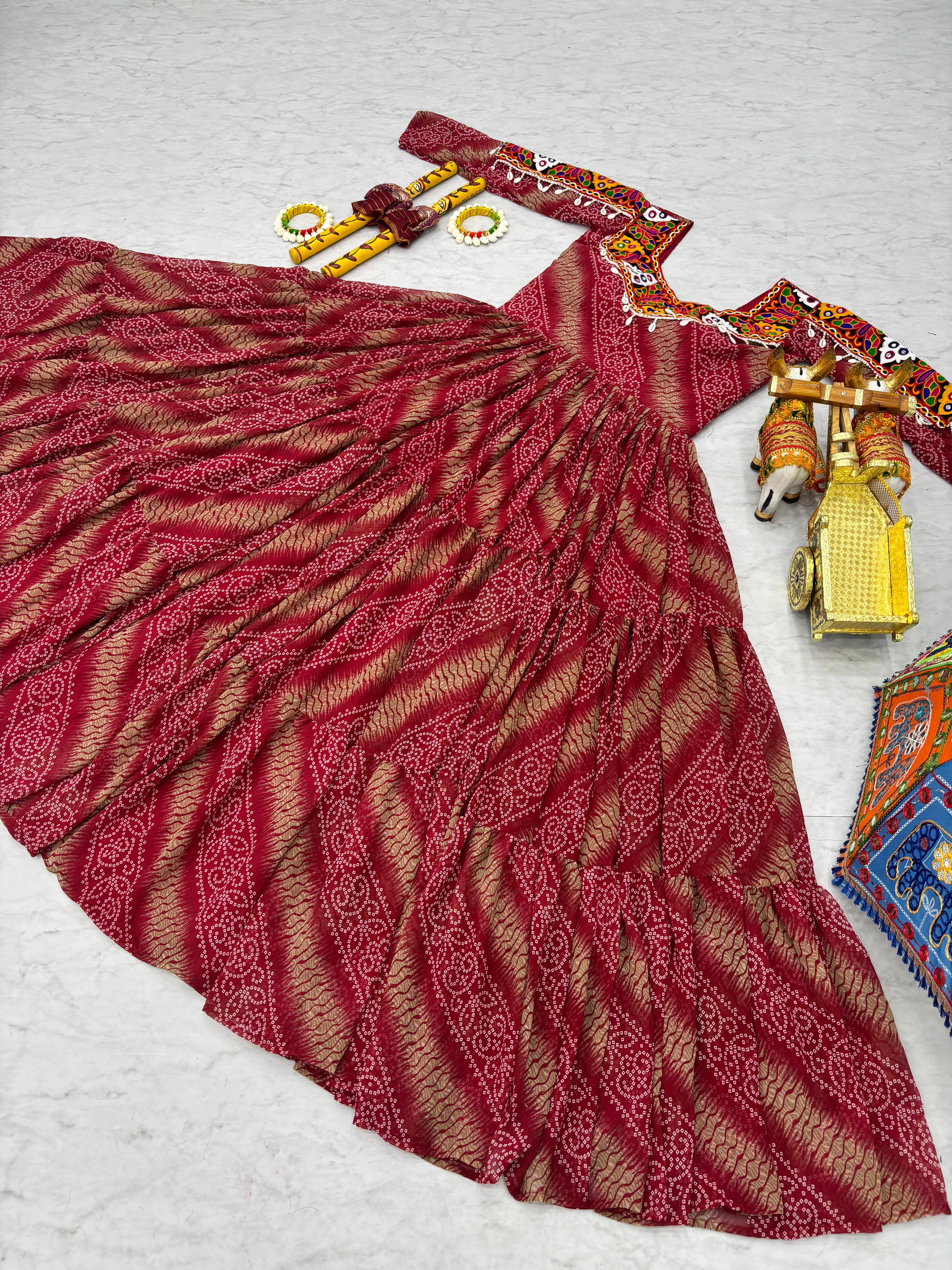 Designer Bandhani Printed Red Color Navratri Gown