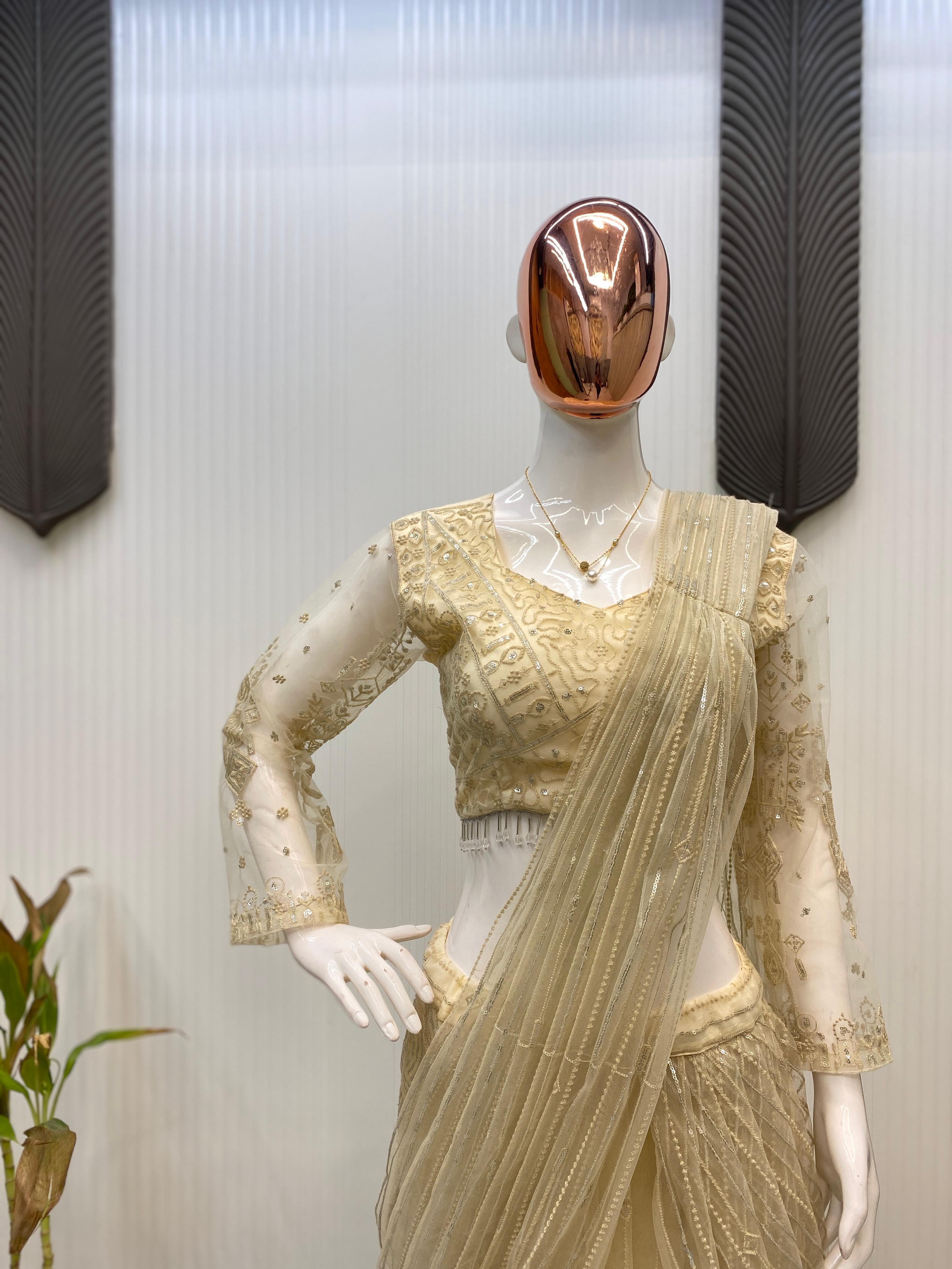 Beige Color Butterfly Net Ready To Wear Saree