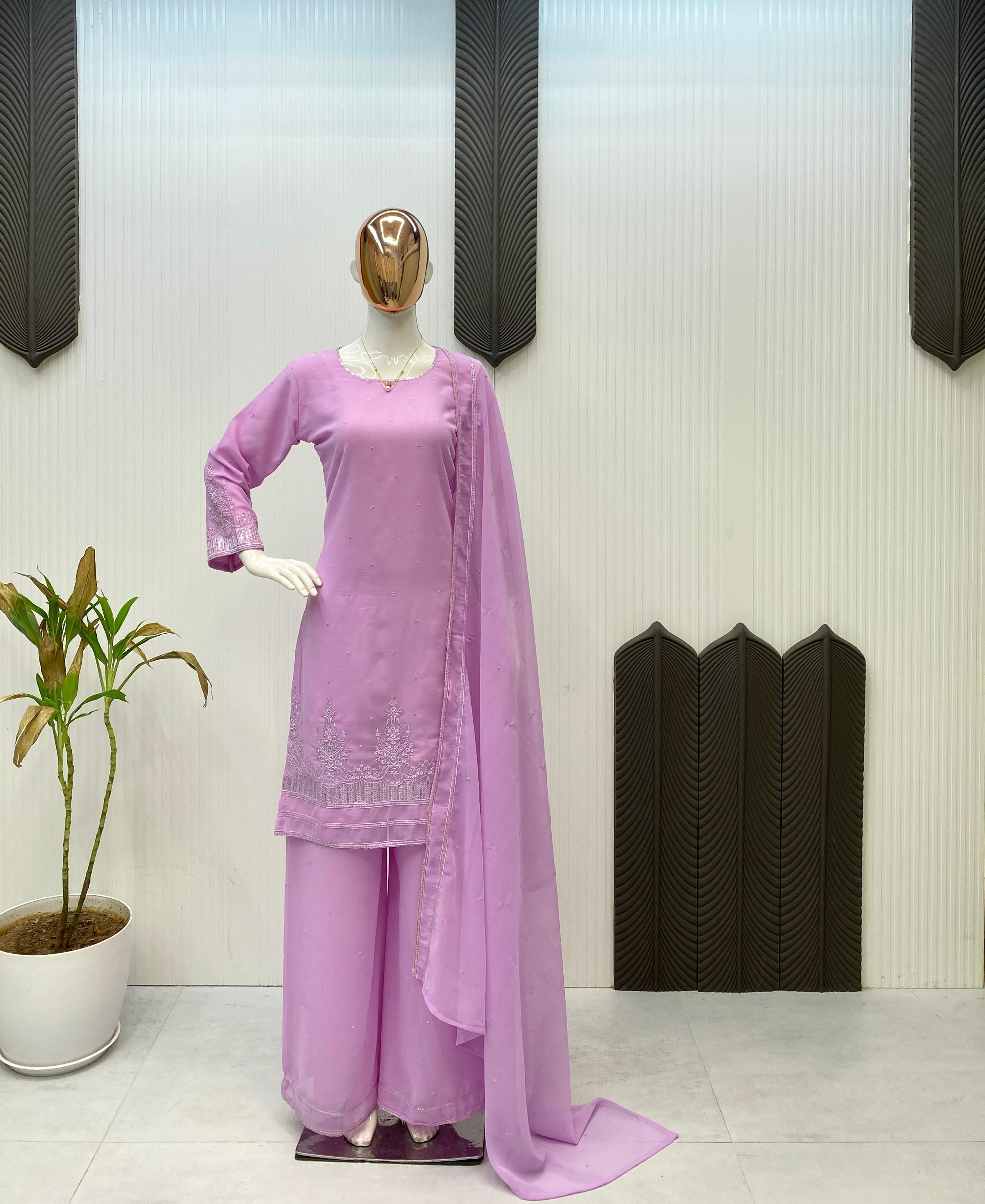 Stylish Pink Georgette Sequence Work Palazzo Suit