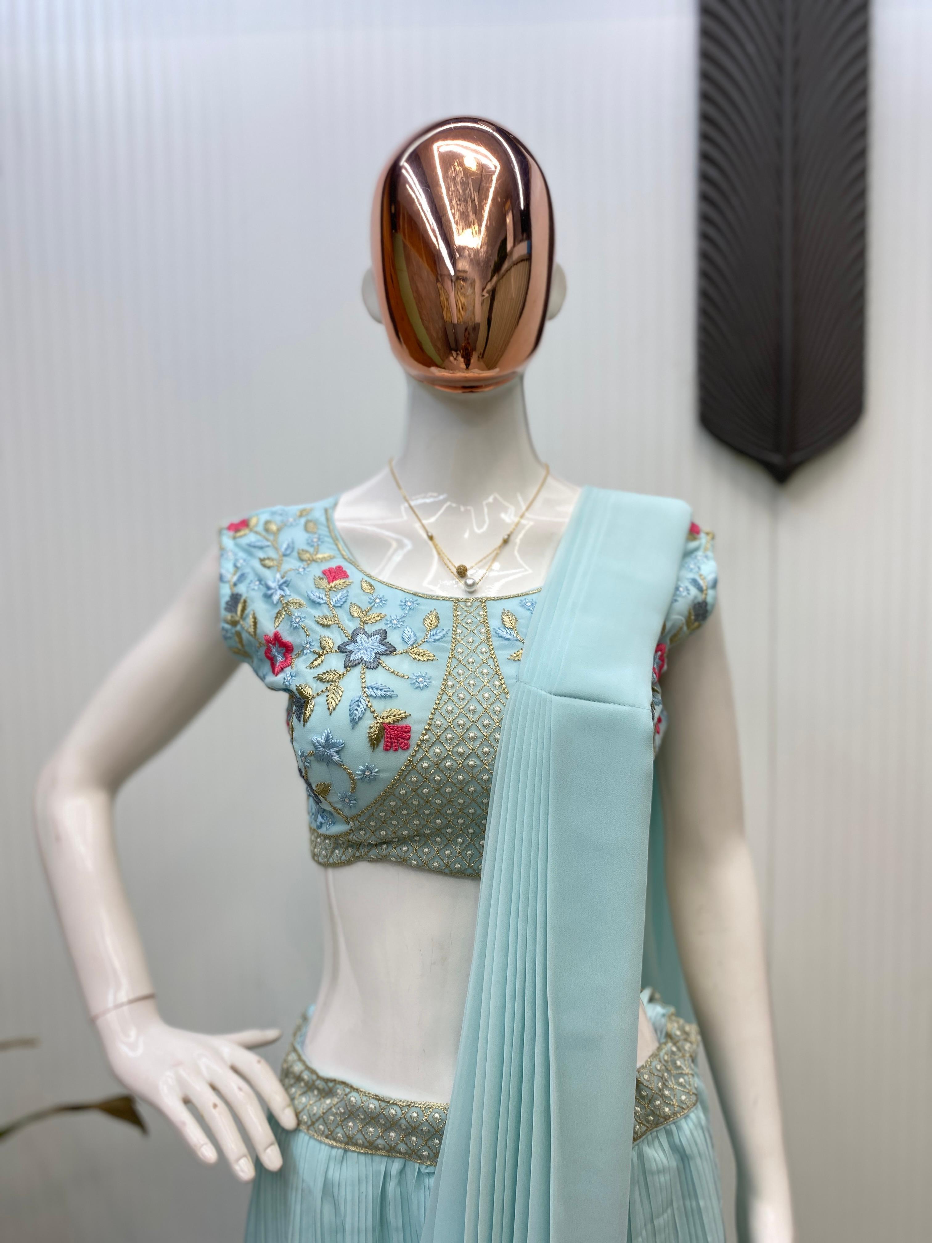 Function Wear Georgette Sky Blue Color Lehenga Saree With Koti