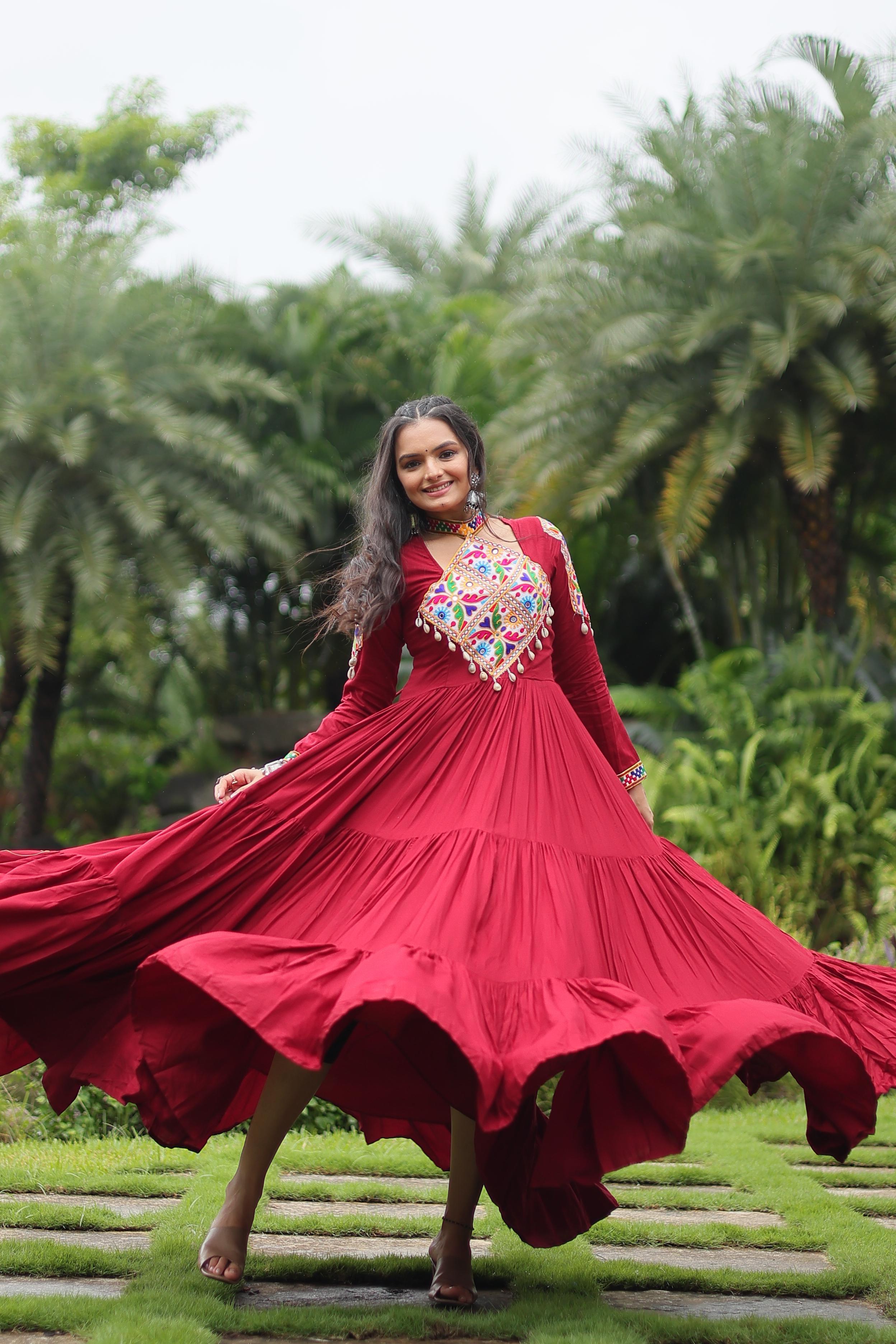 Garba Special Kutchi Gamthi Work Maroon Color Gown