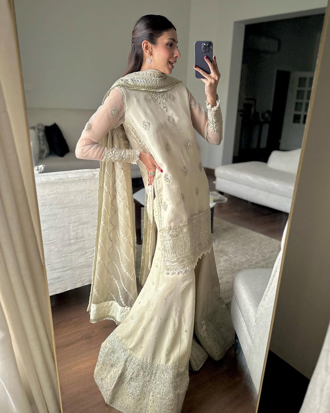 Beautiful Chinon Embroidery Work Cream Color Sharara Suit
