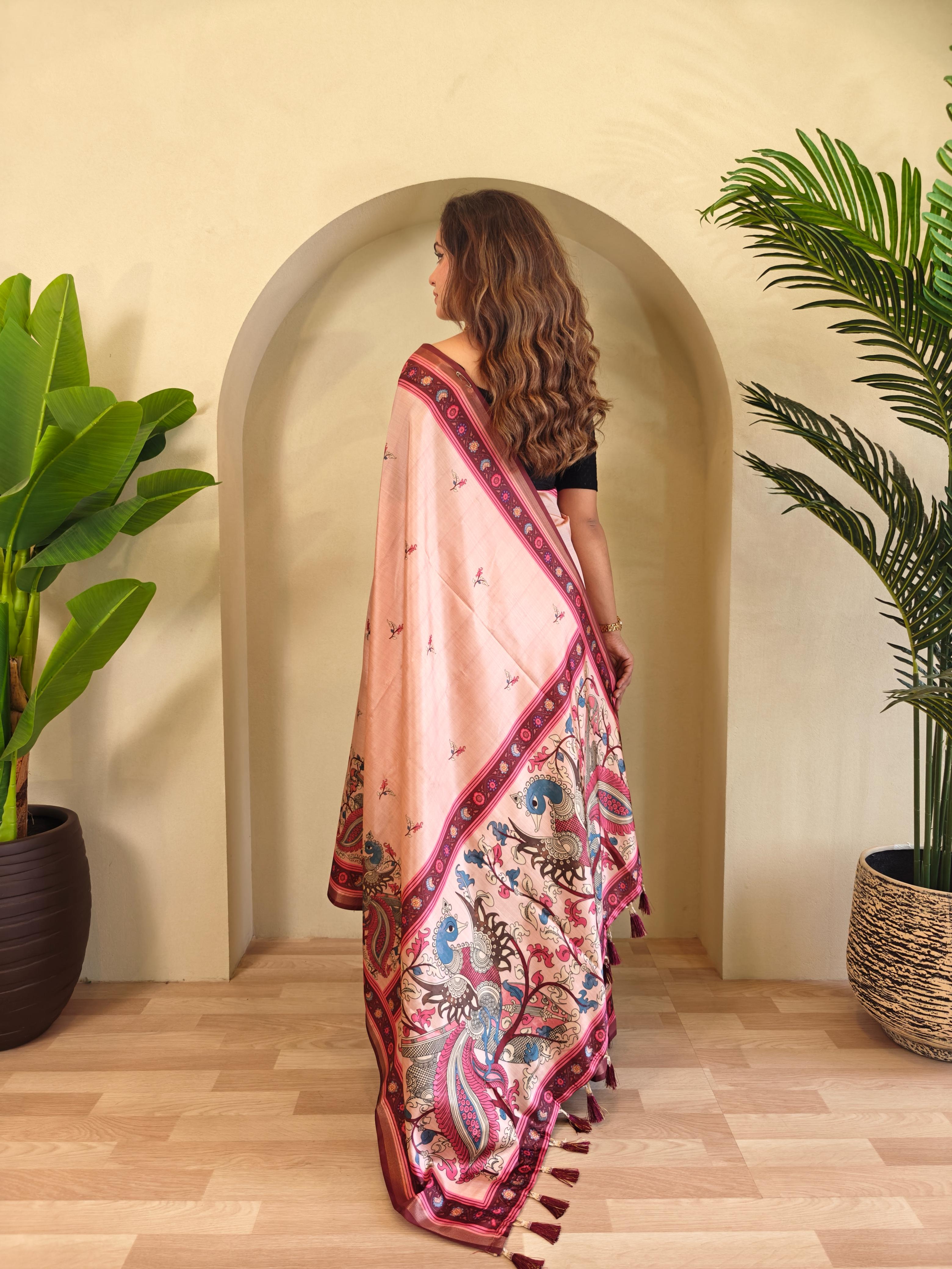 Peach Color Beautiful kalamkari Digital Print Saree