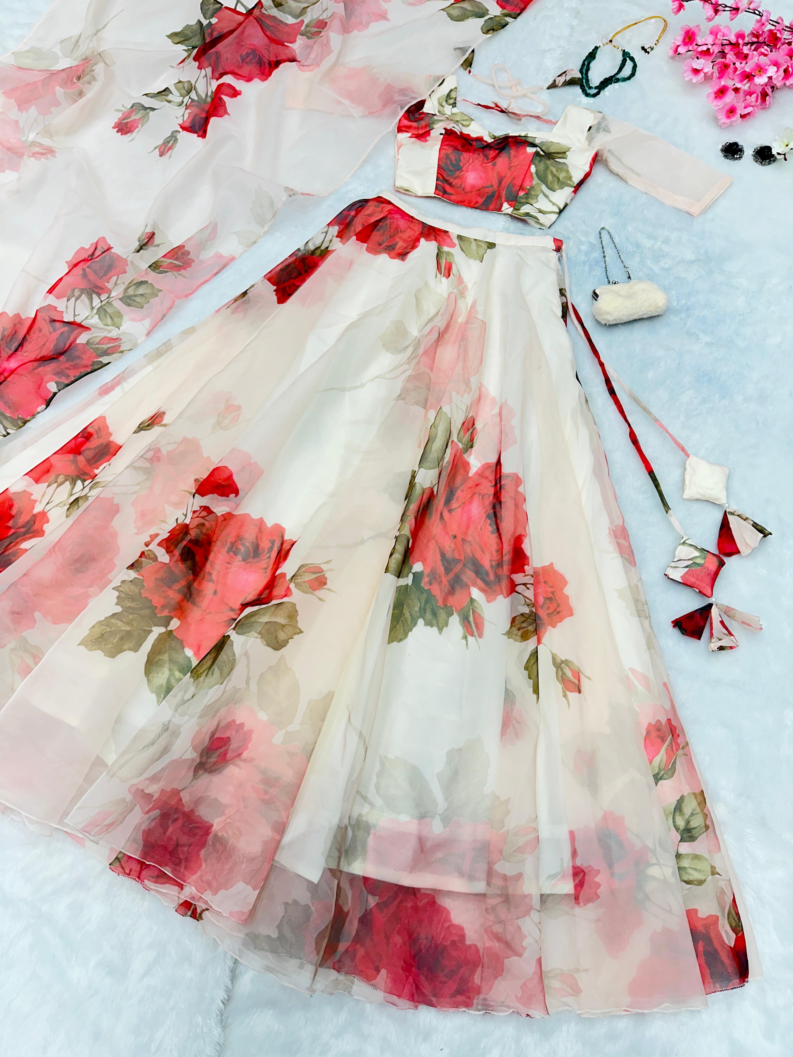 Beautiful White Color Organza Floral Printed Lehenga Choli