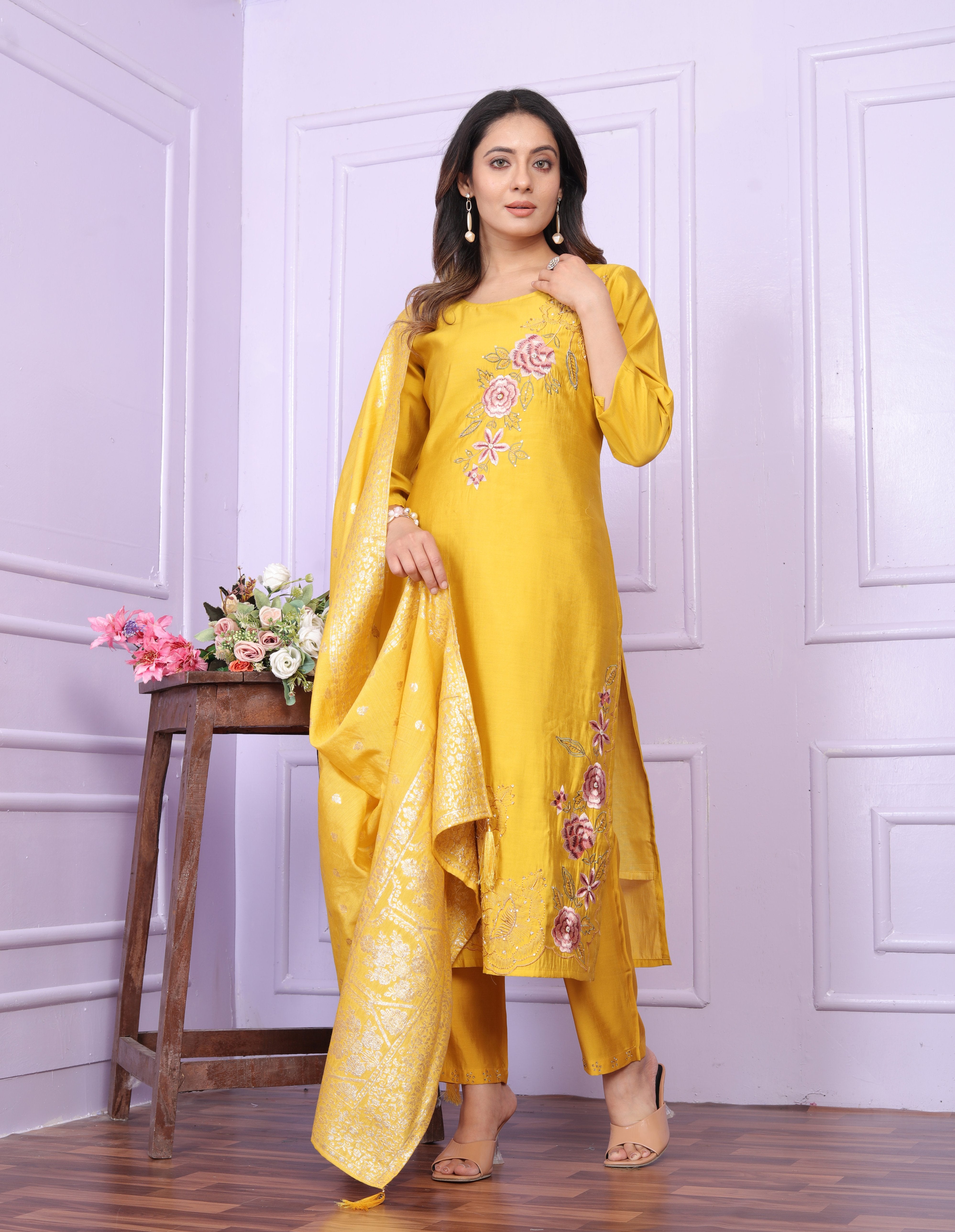 Elegant Yellow Russian Silk Salwar Suit With Banarasi Dupatta