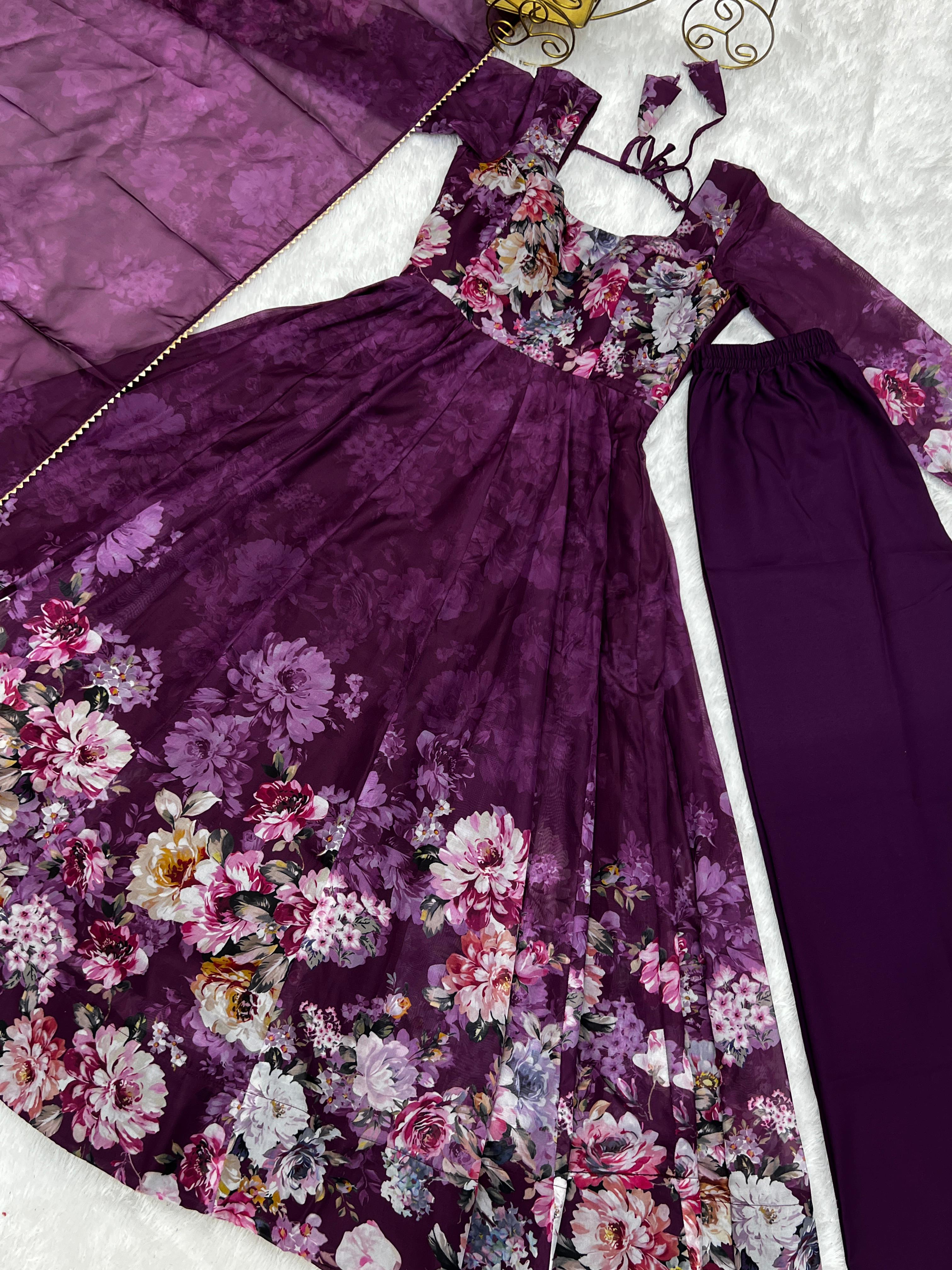 Casual Wear Multi Flower Print Wine Color Anarkali Suit