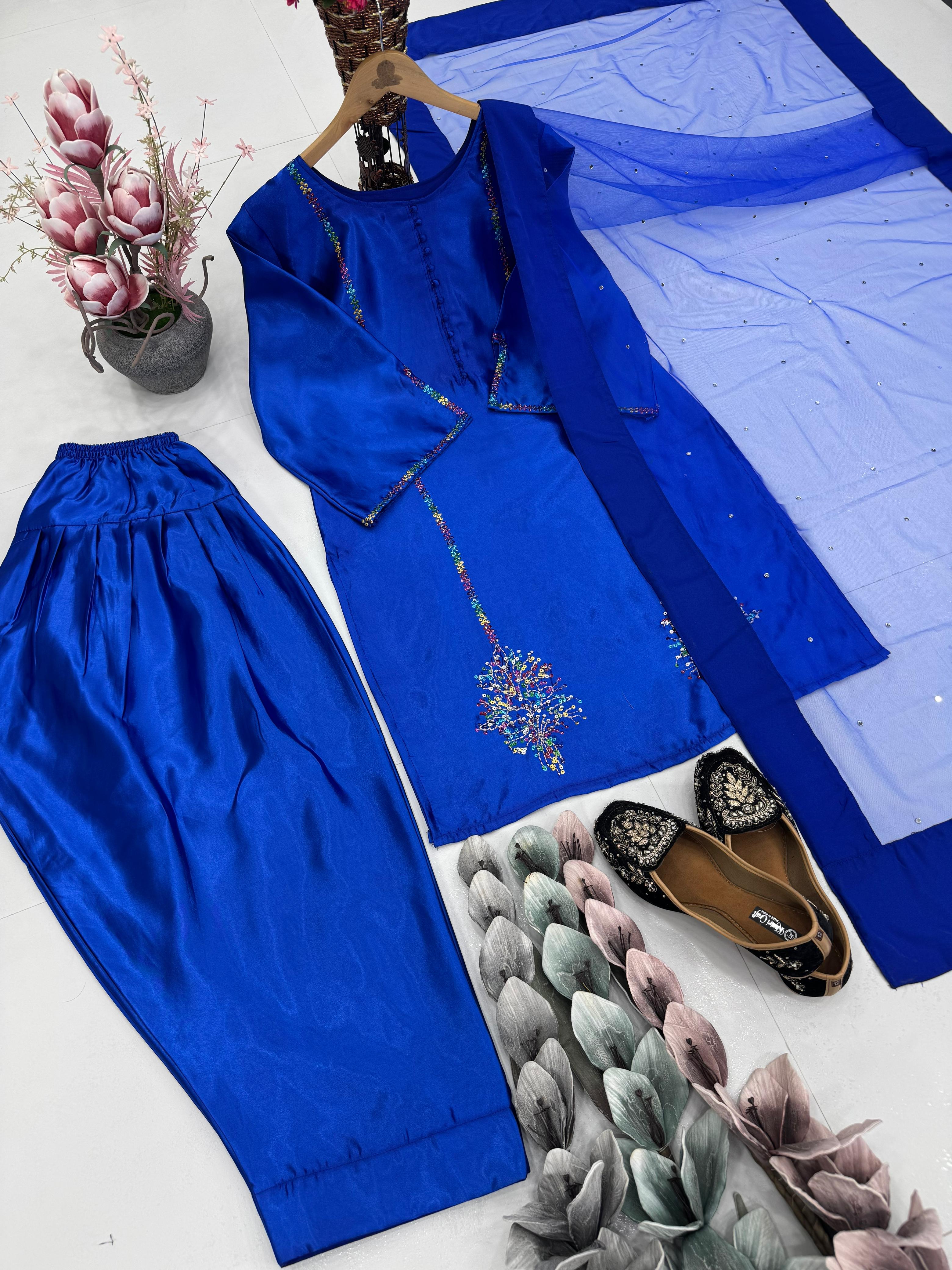Blue Color Sequence Work Trendy Palazzo Suit