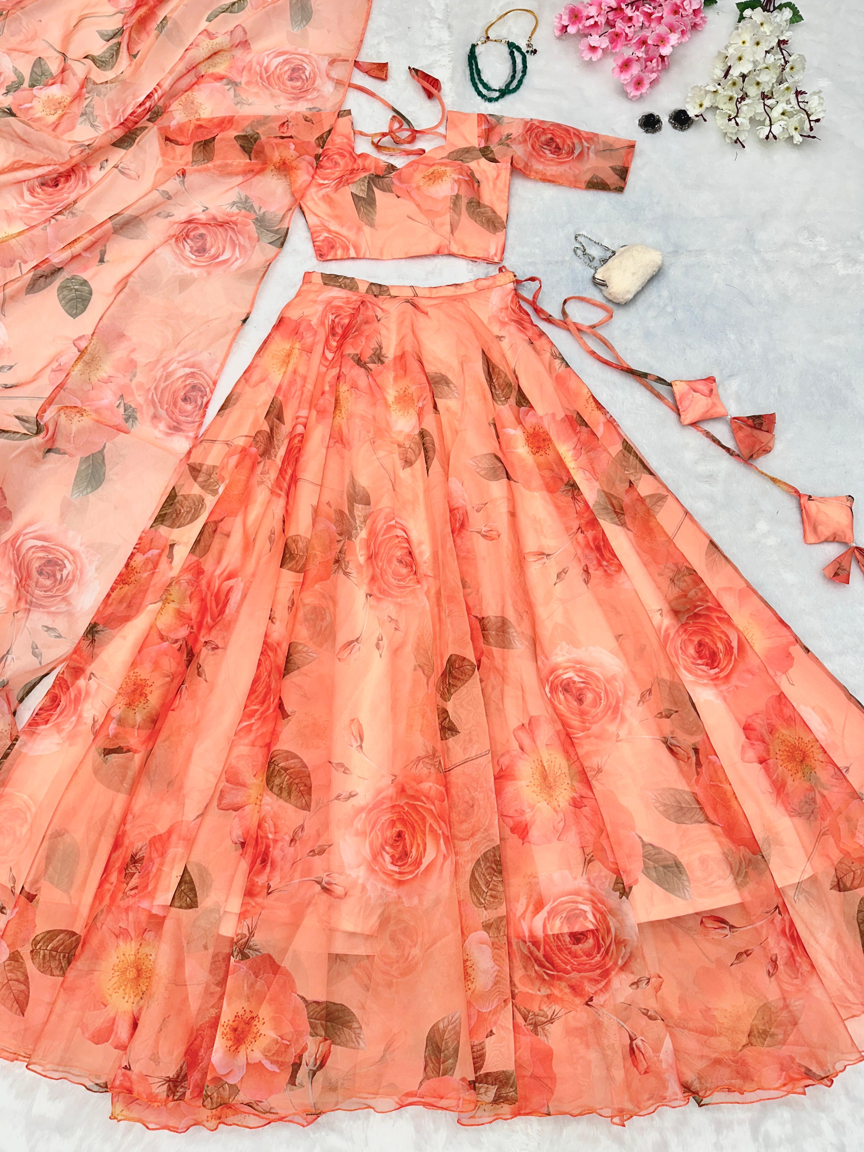 Beautiful White Color Organza Floral Printed Lehenga Choli