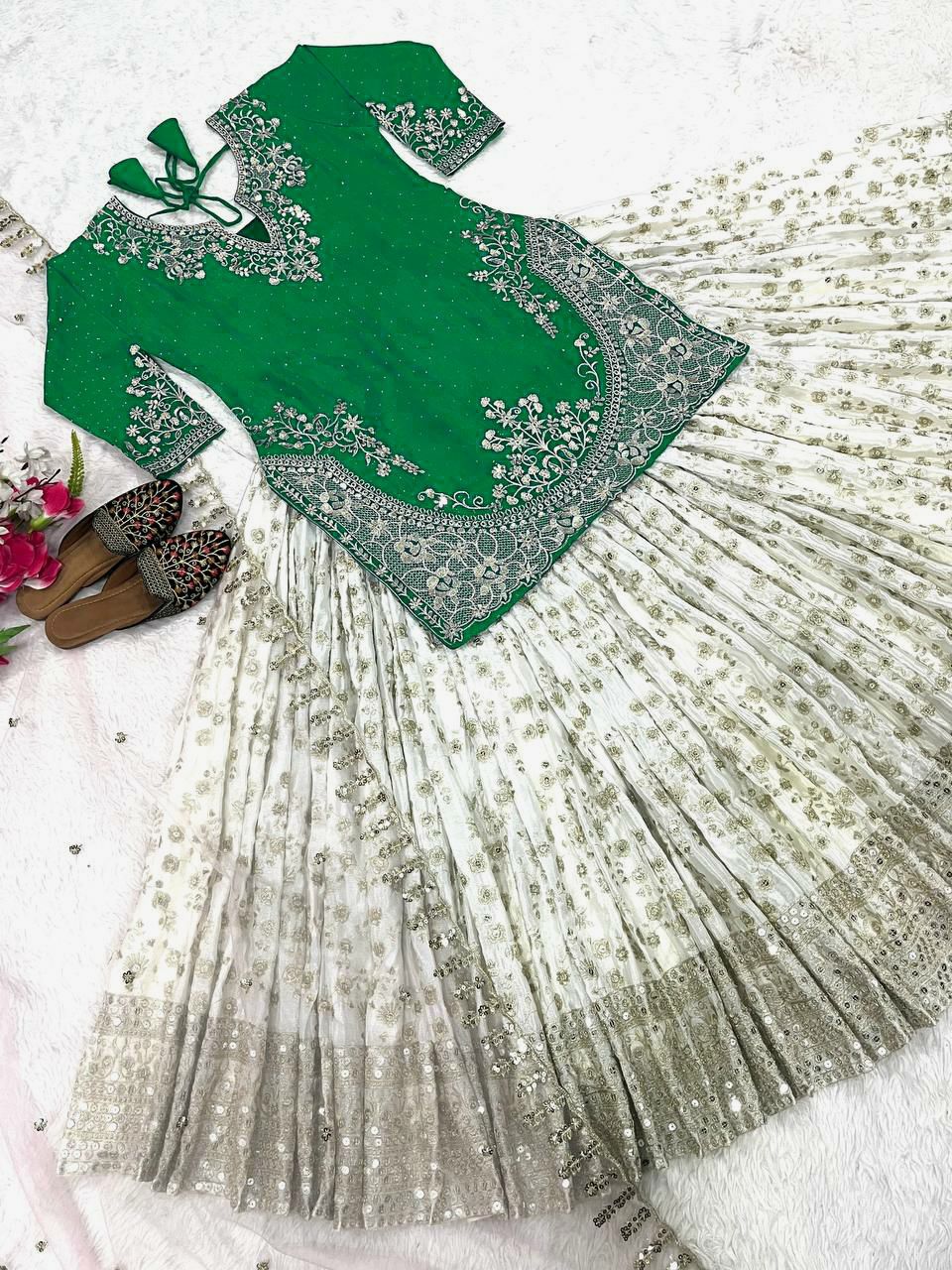 Traditional Wear Embroidery Work Green Color Top With Lehenga