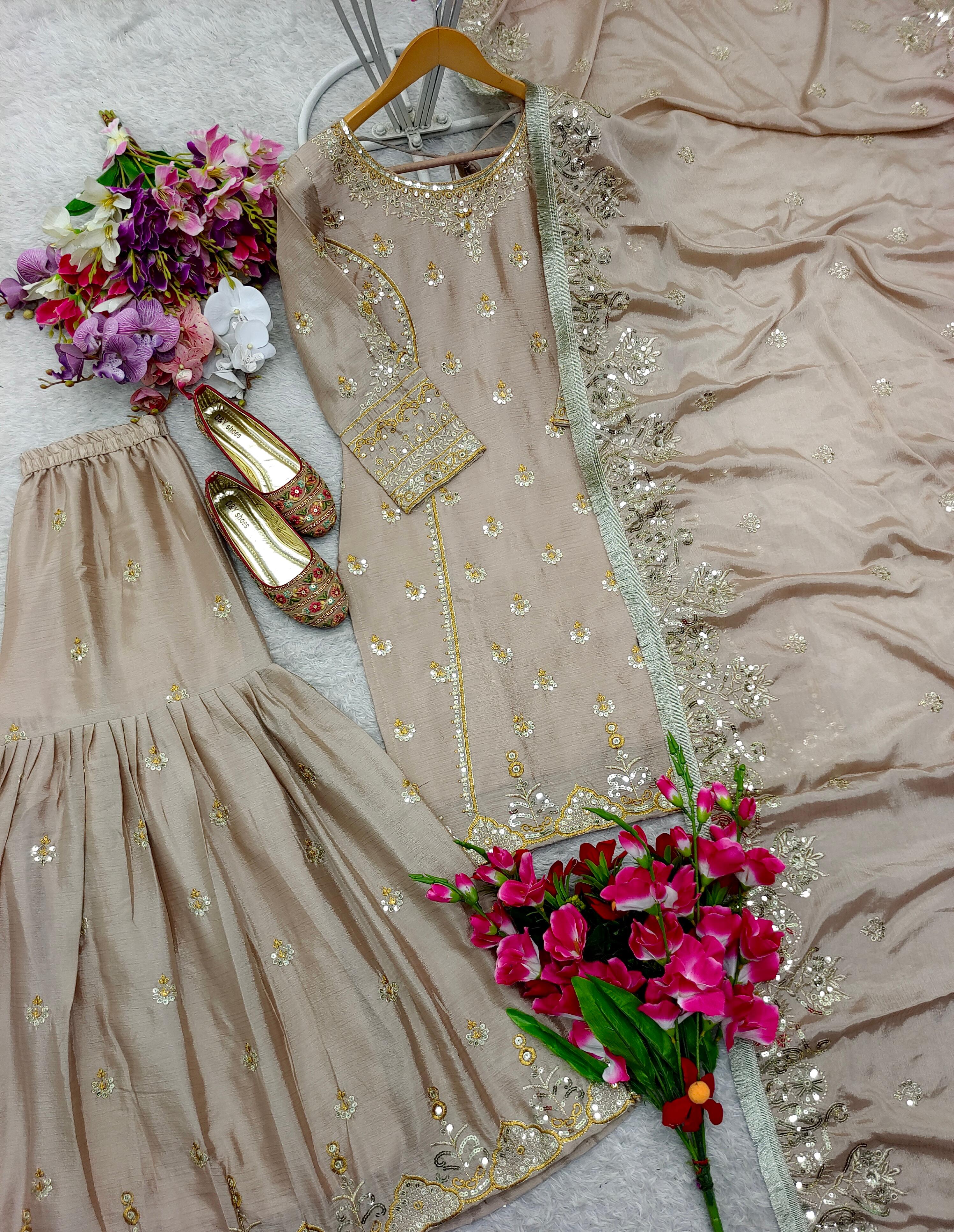 Beige Color Embroidery Work Alluring Sharara Suit