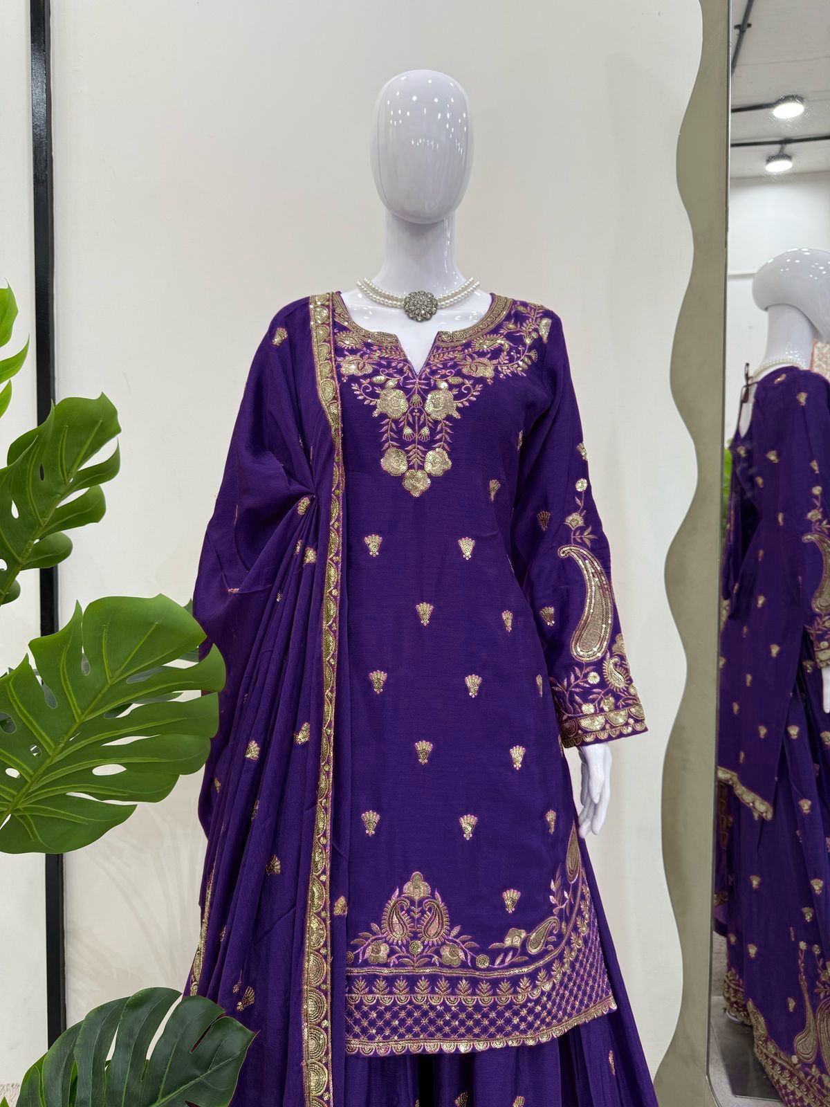 Wonderful Chinon Silk Purple Color Palazzo Suit