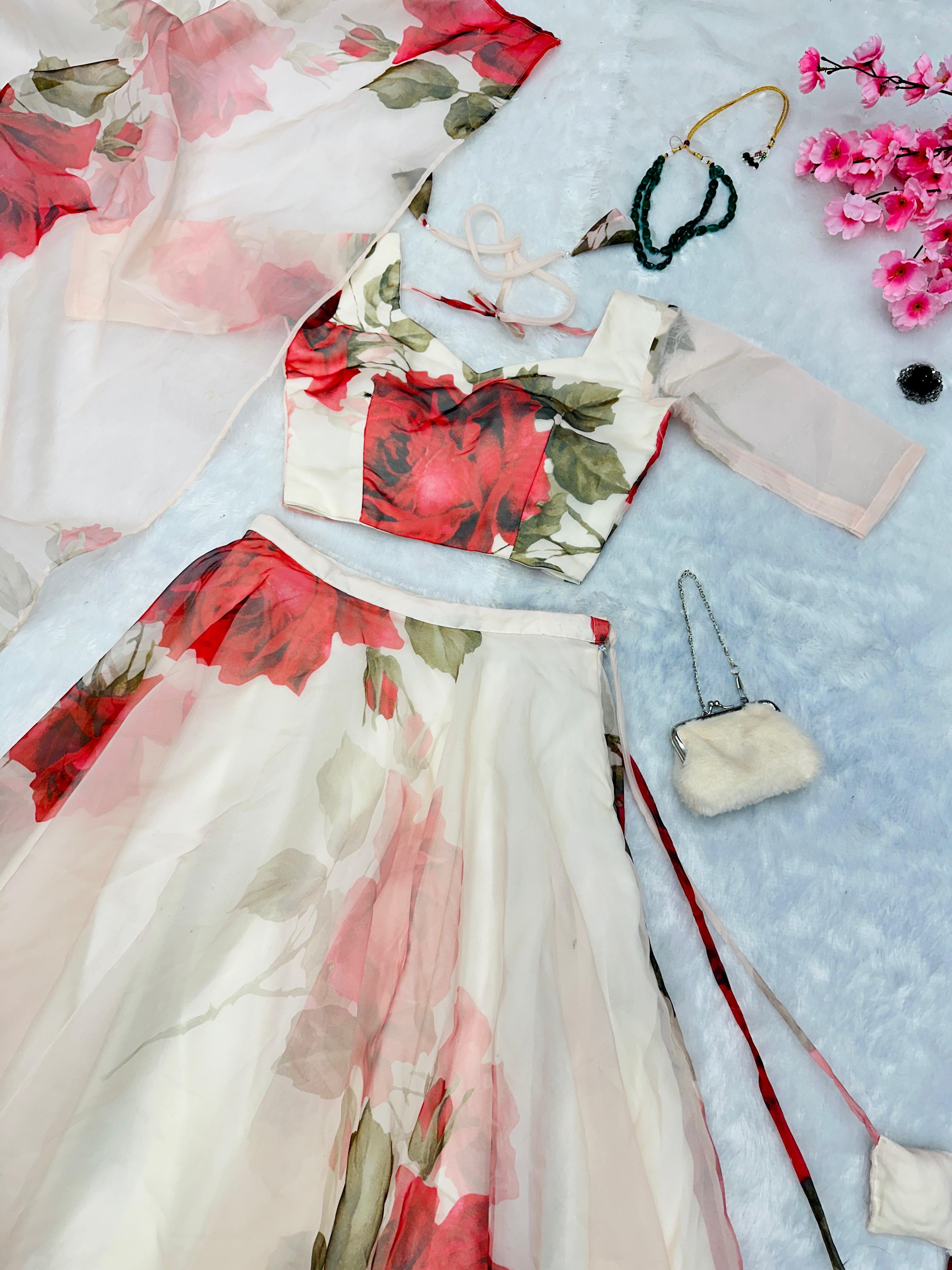 Beautiful White Color Organza Floral Printed Lehenga Choli