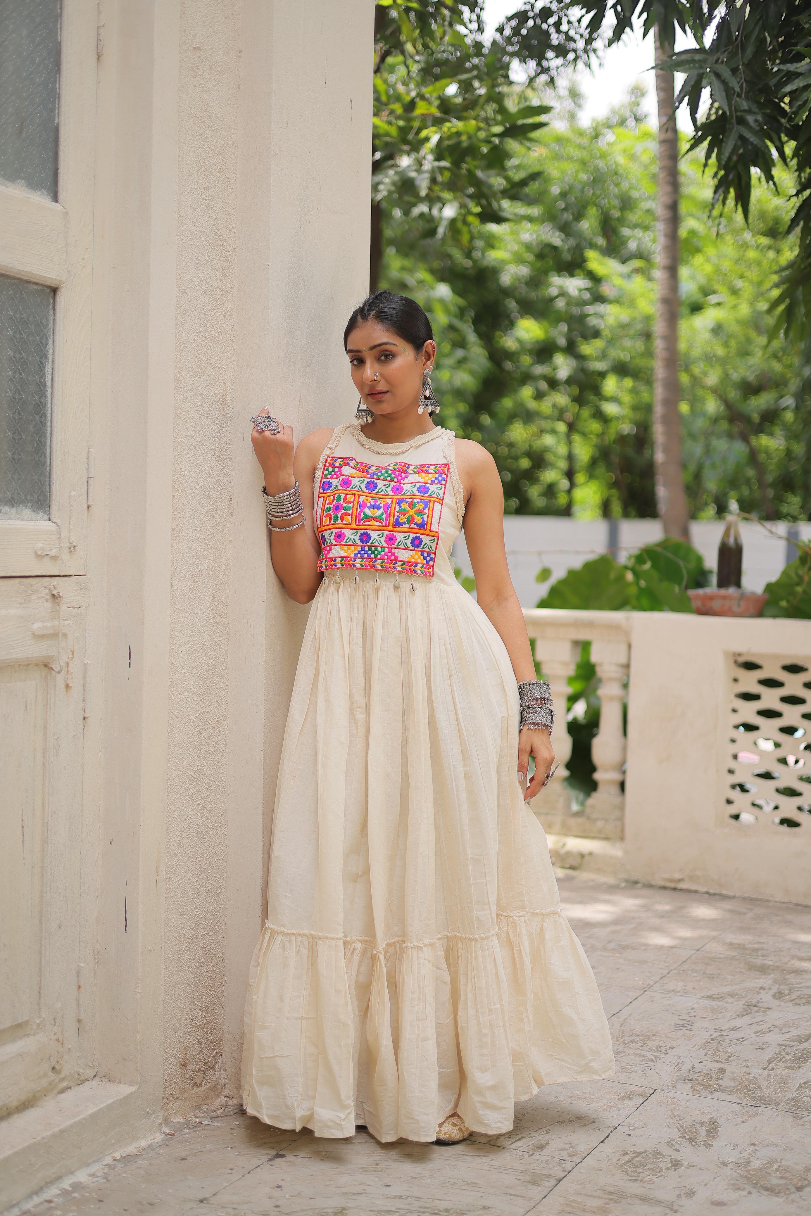 Stylish Off-White Cotton Embroidered Gown