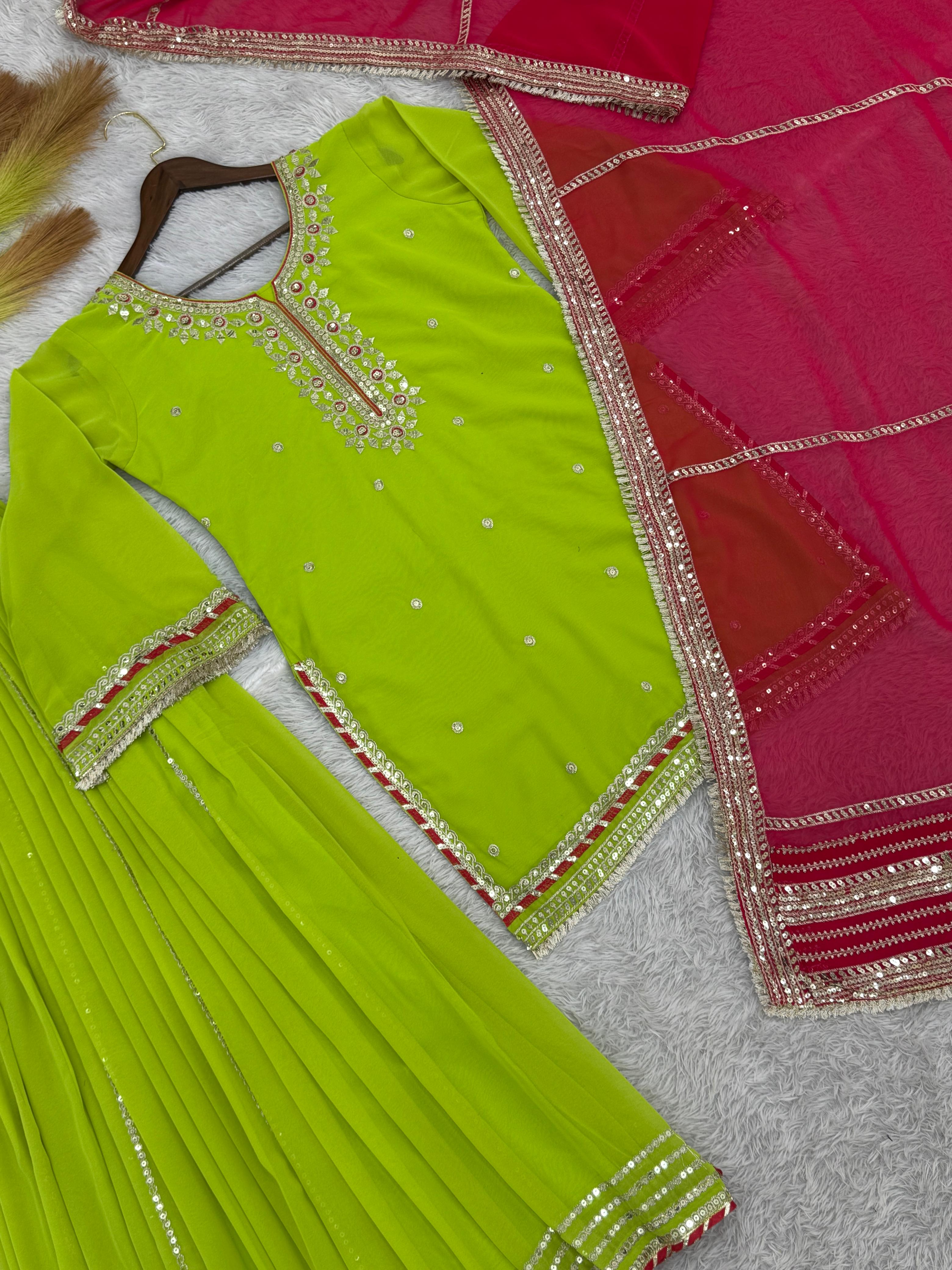 Attractive Embroidery Thread Work Green Color Palazzo Suit