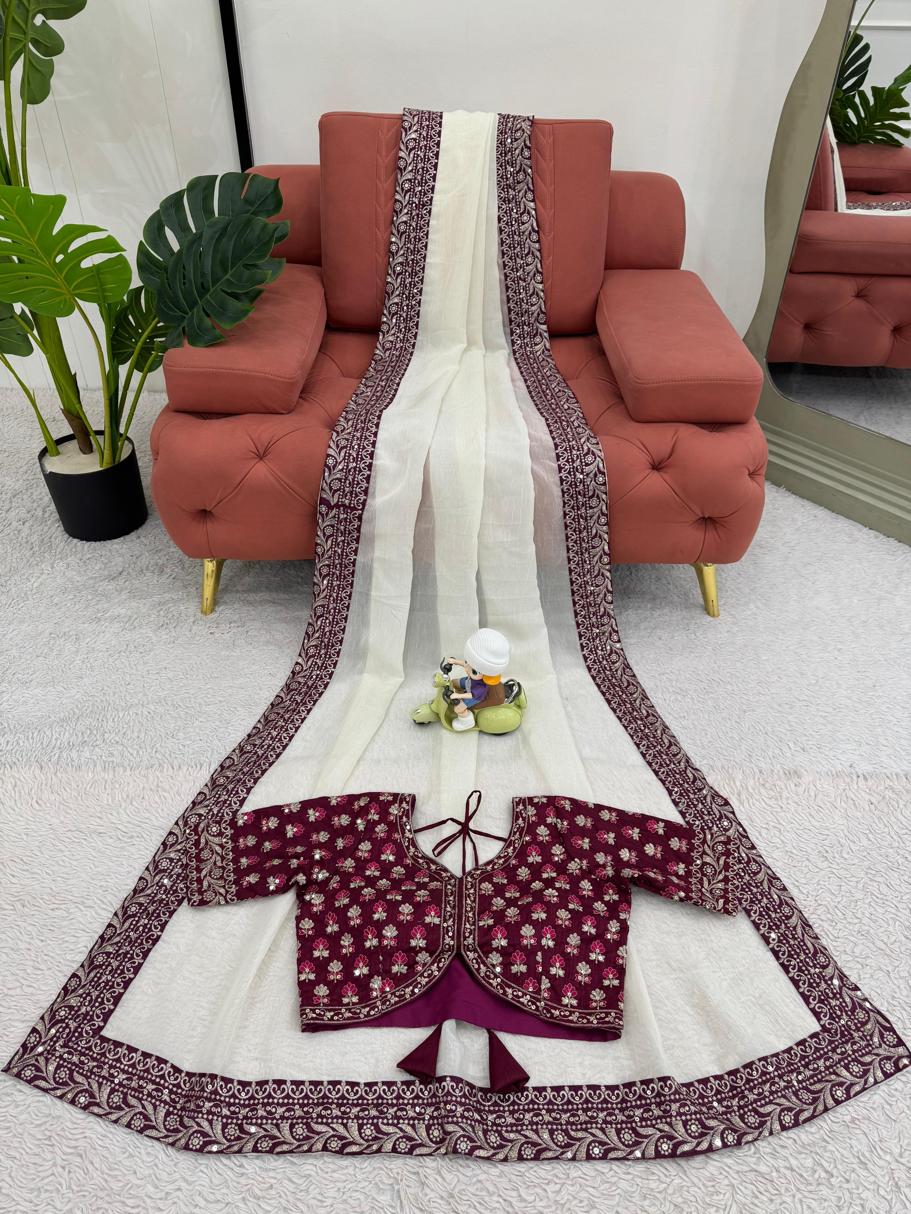 Pattern Wedding & Party Wear Thred  With Sequence Work White Color Designer Saree