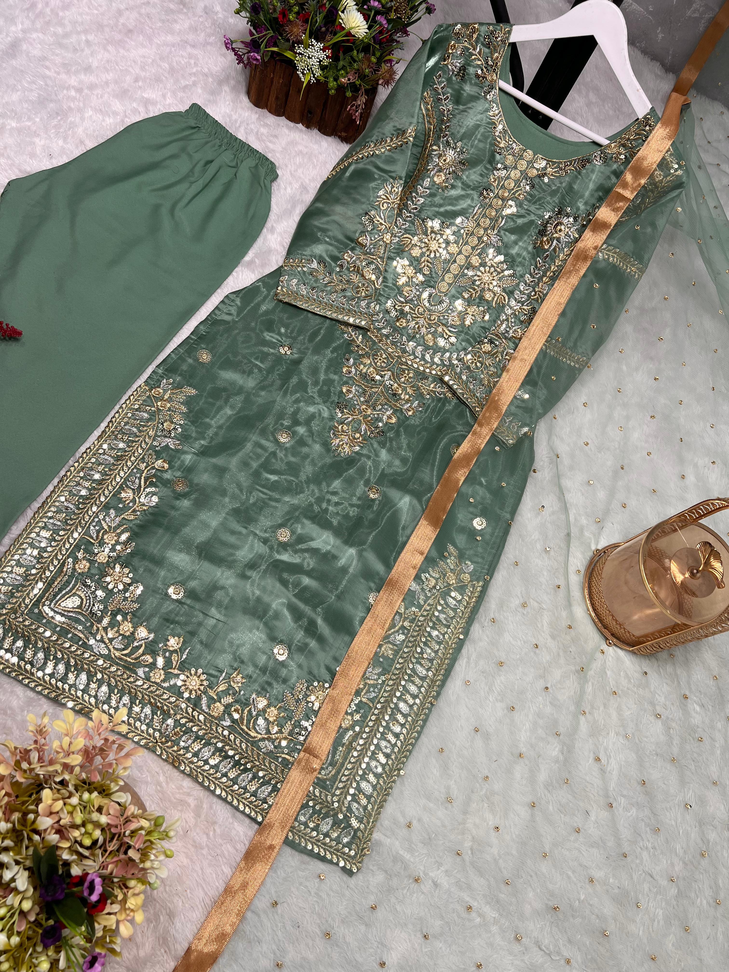 Alluring Pista Silk Embroidery Anarkali Suit