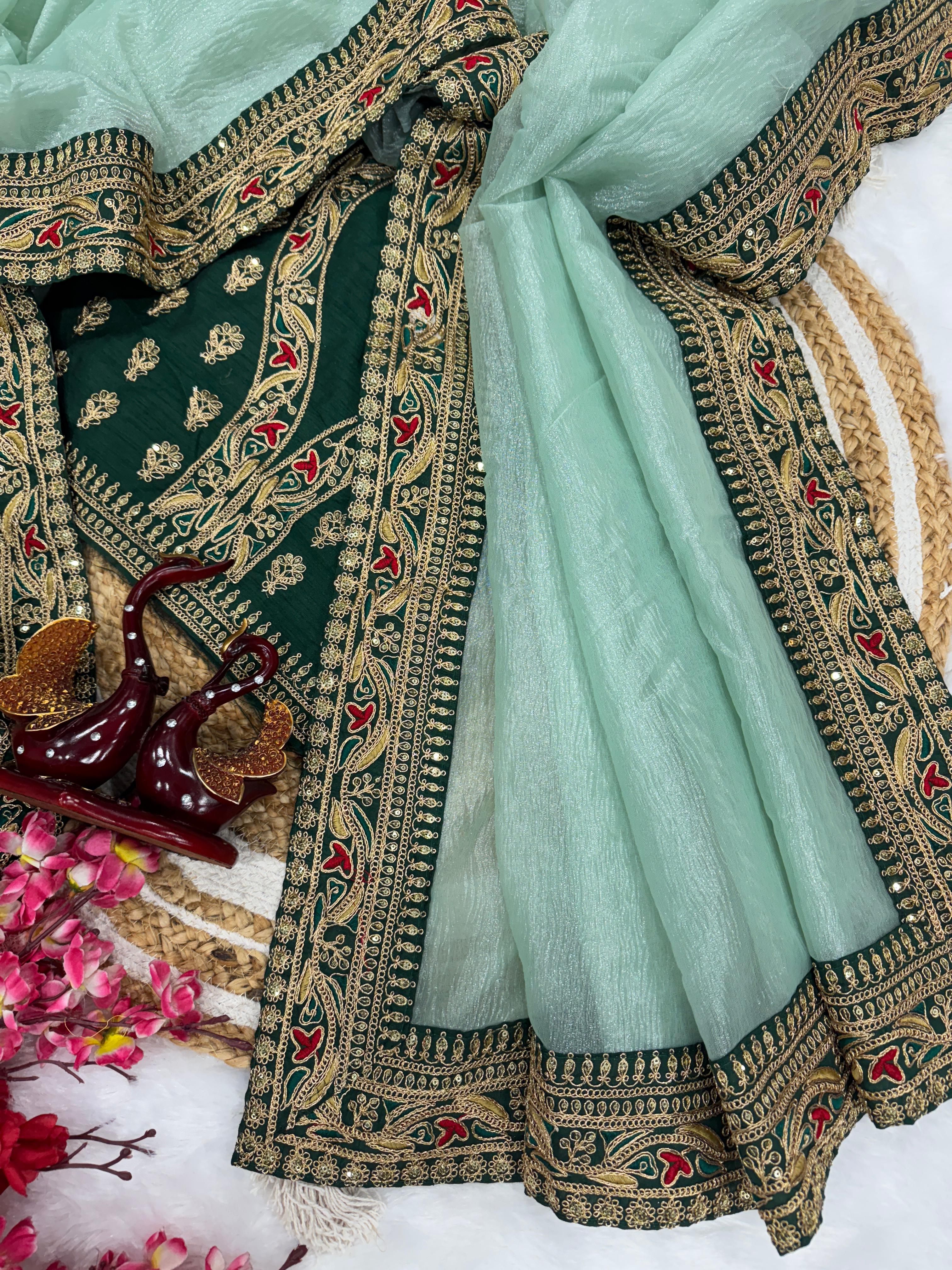 Pista Color Banarasi Crush Designer Saree