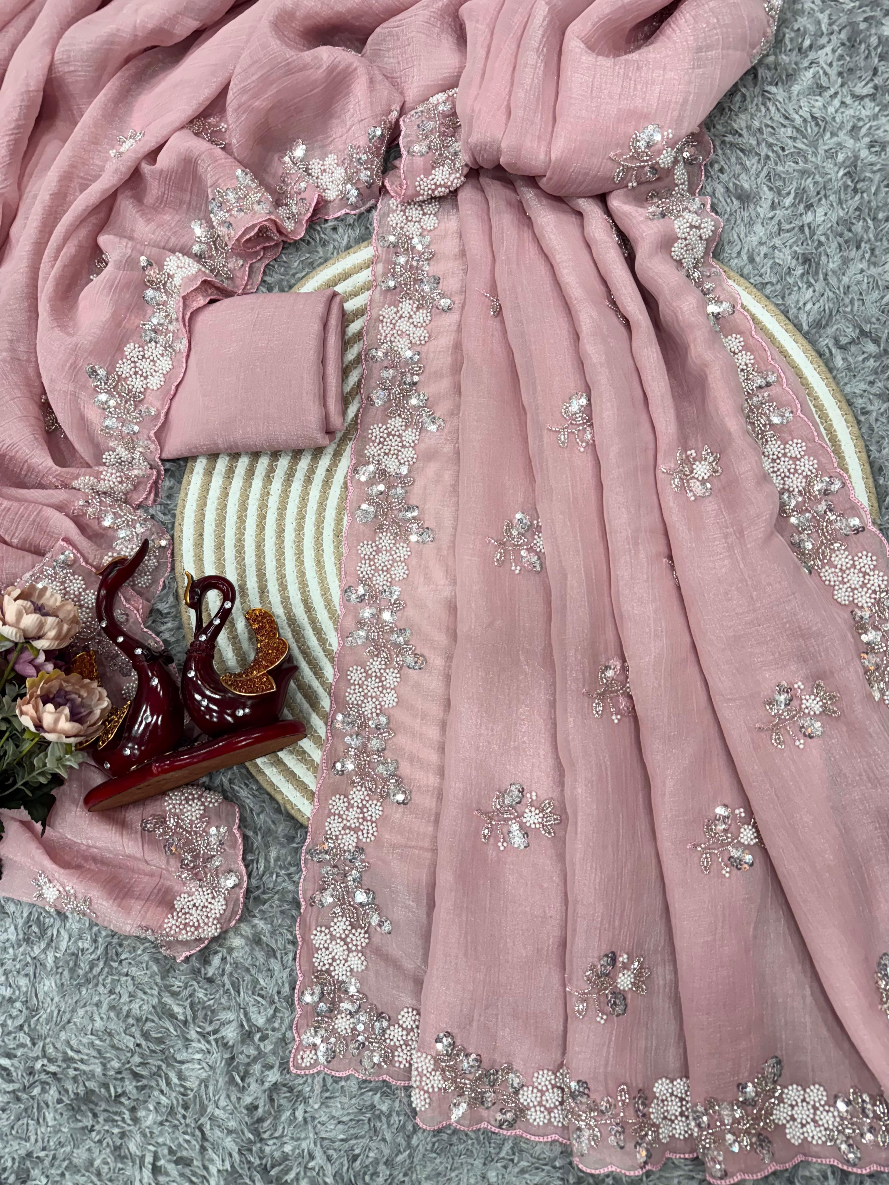 Designer Pearls Work Pink Color Saree