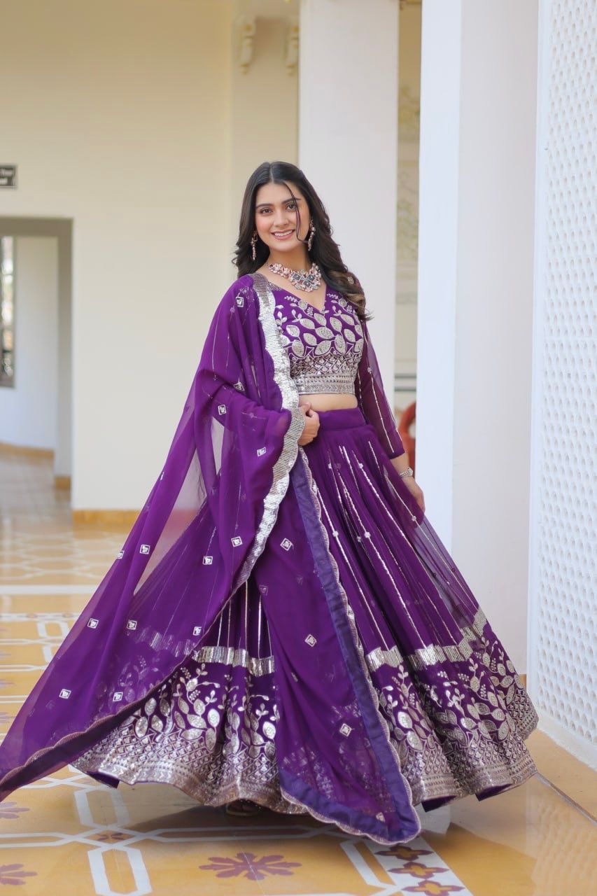 Demanding Embroidery Sequence Work Purple Color Lehenga Choli