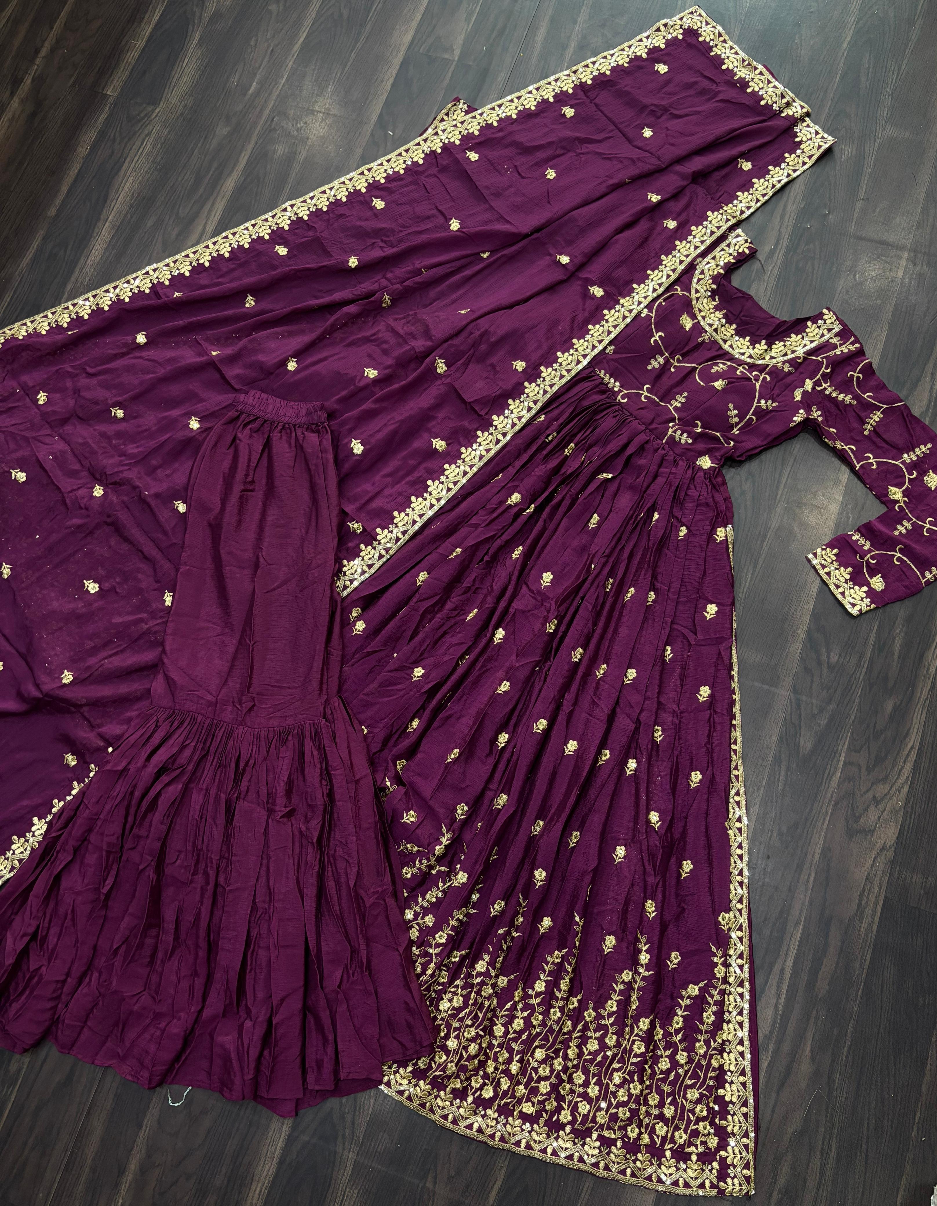 Marvelous Sequins Embroidered Work Wine Color Sharara Suit