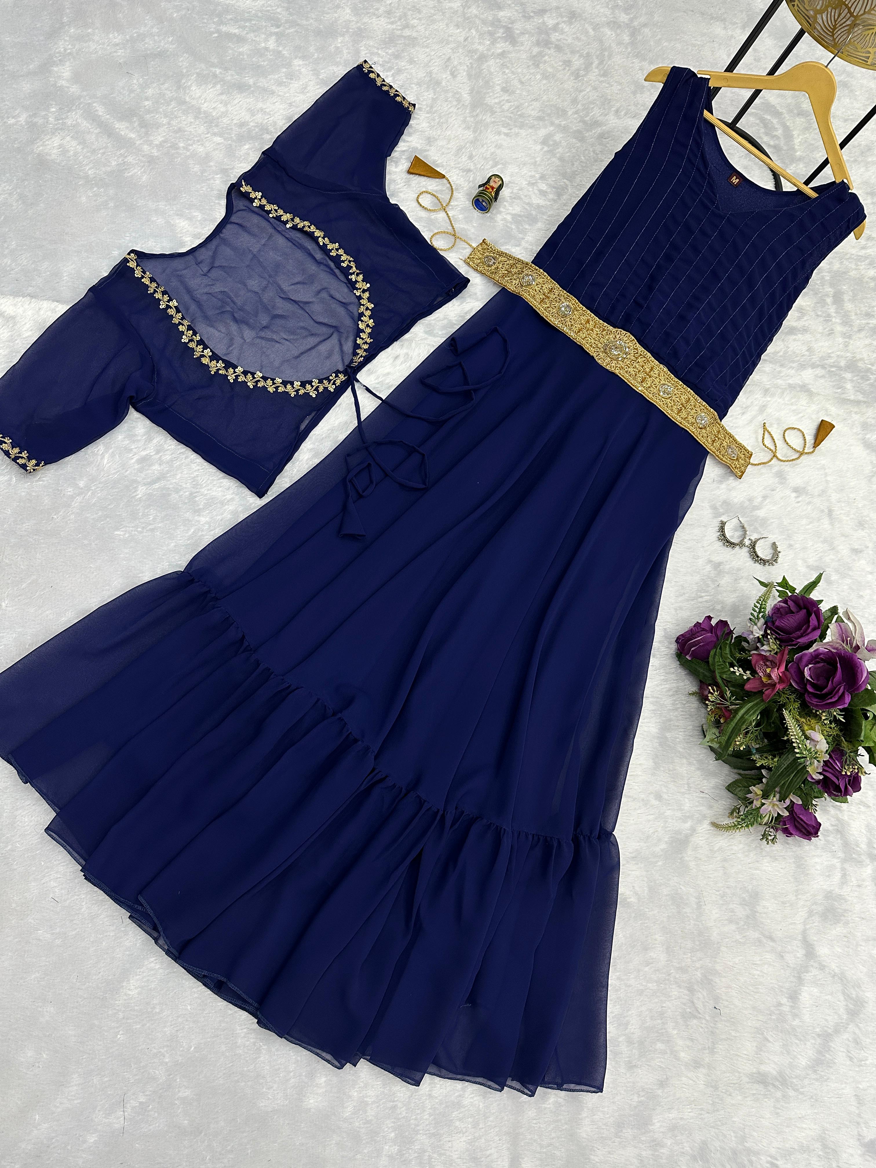 Designer Georgette Navy Blue Color Gown With Koti