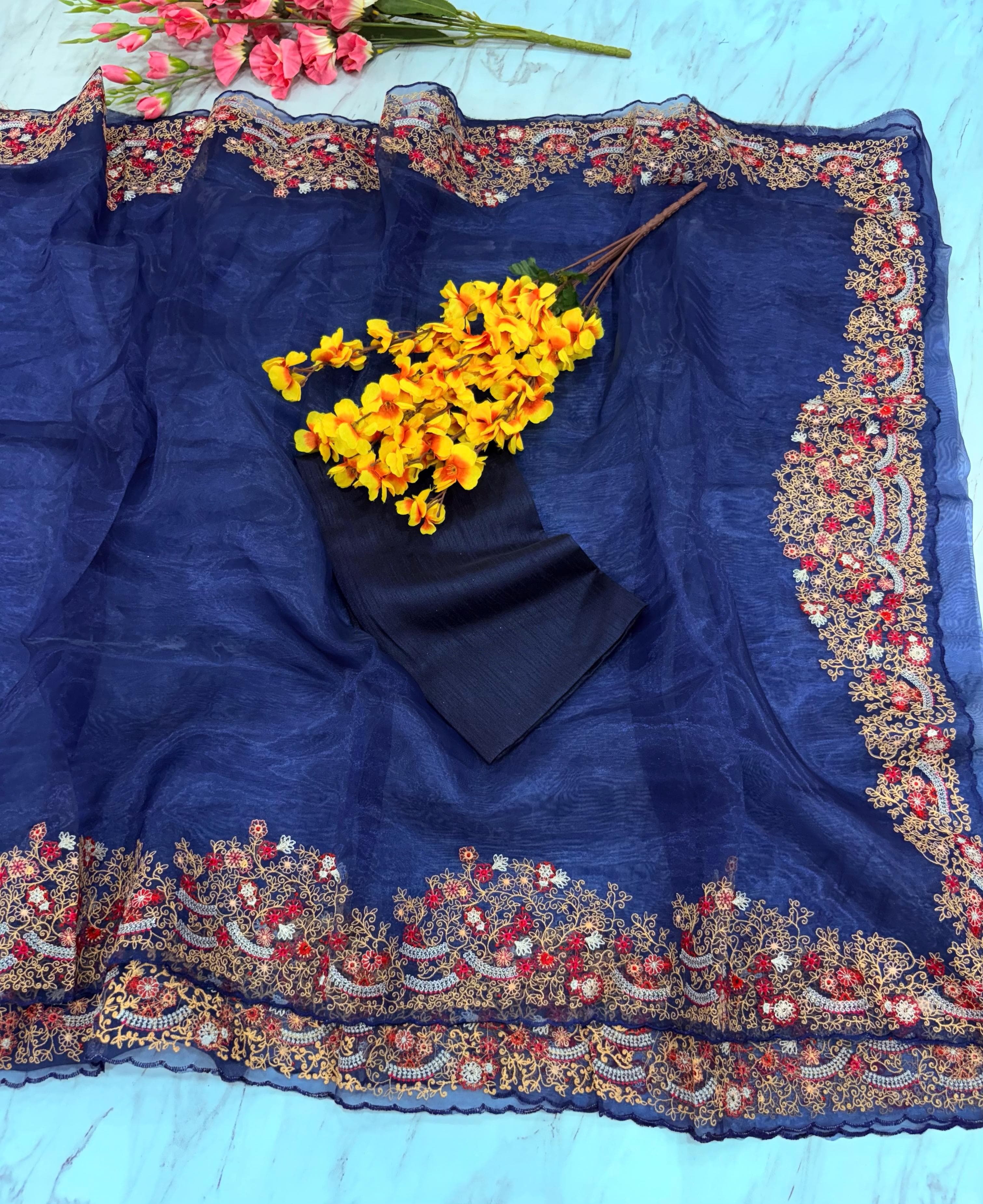 Lovely Organza Silk Navy Blue Color Saree
