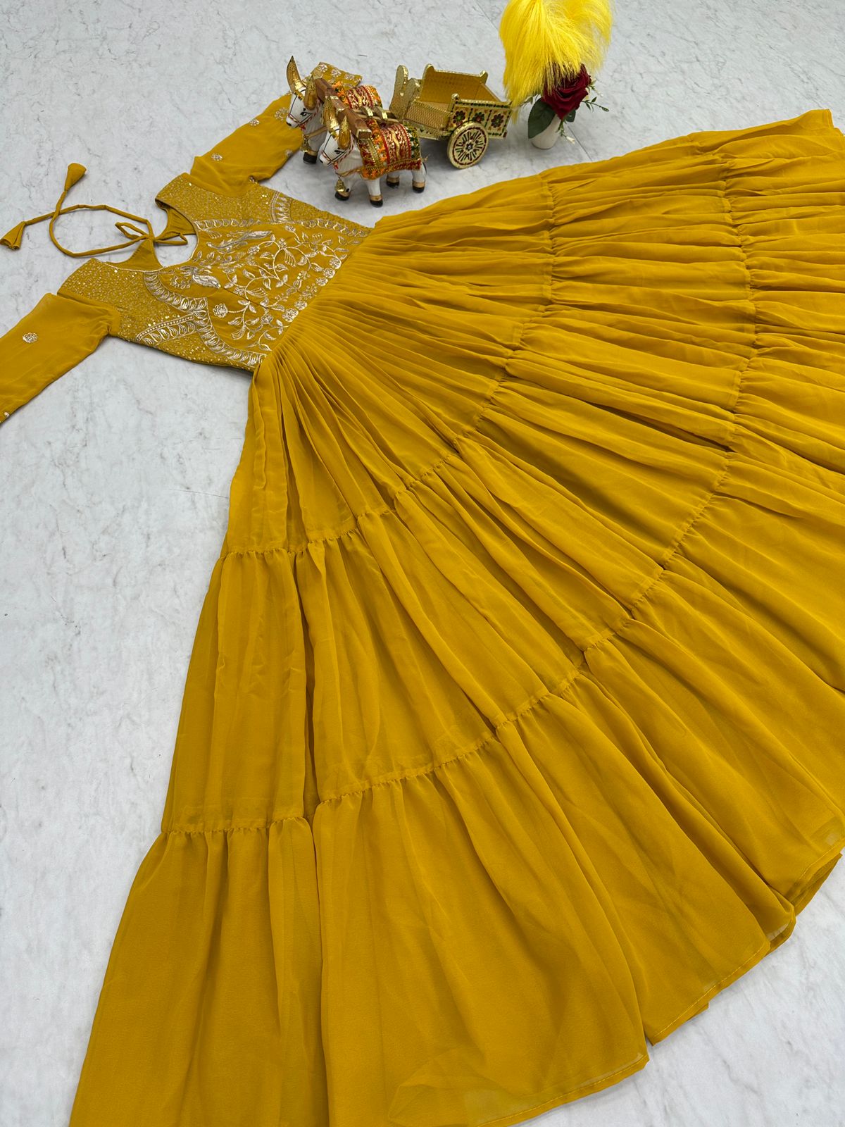 Captivating Heavy 3mm Sequence Work Yellow Color Long Gown