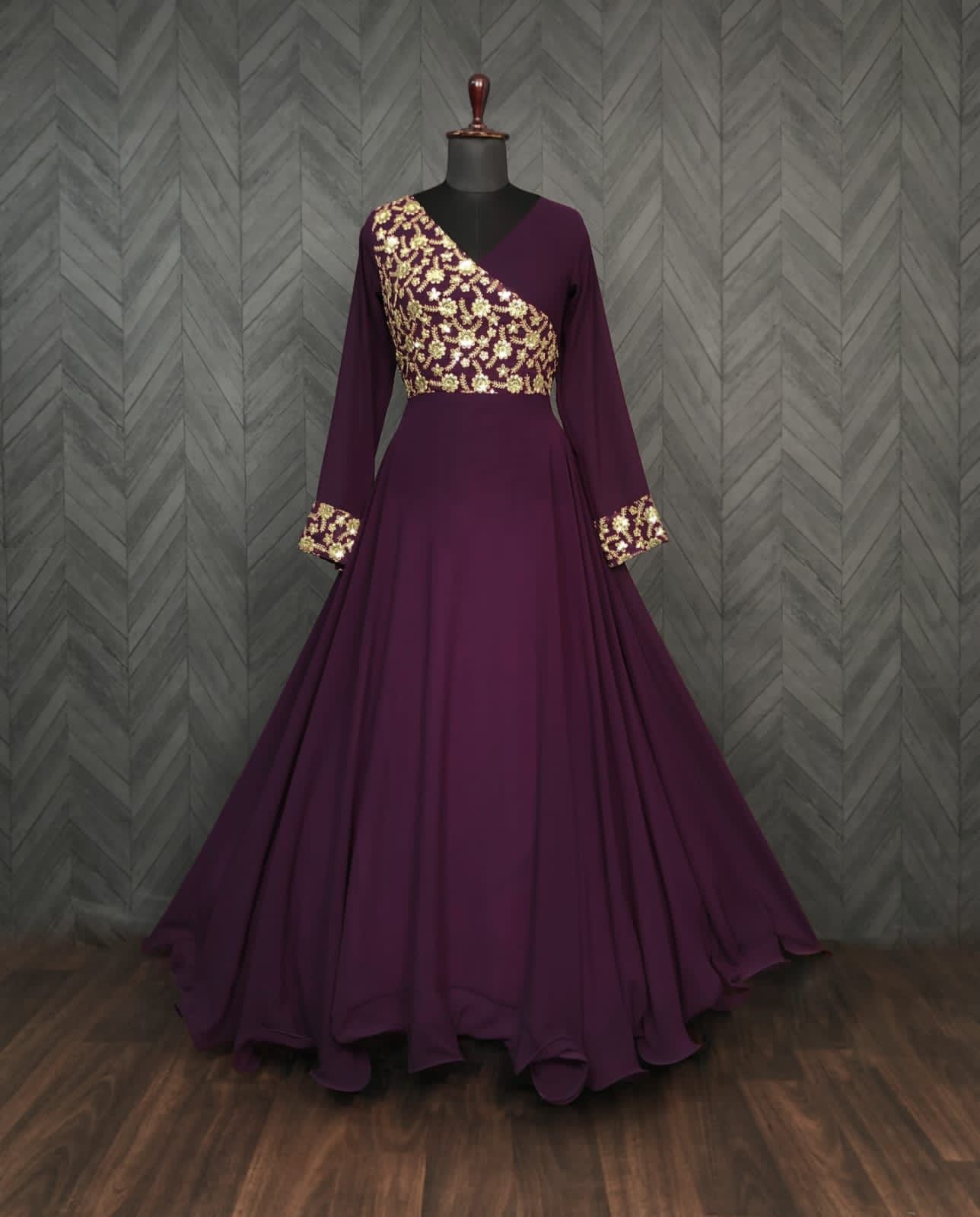 Fabulous Wine Color Embroidered Work Gown