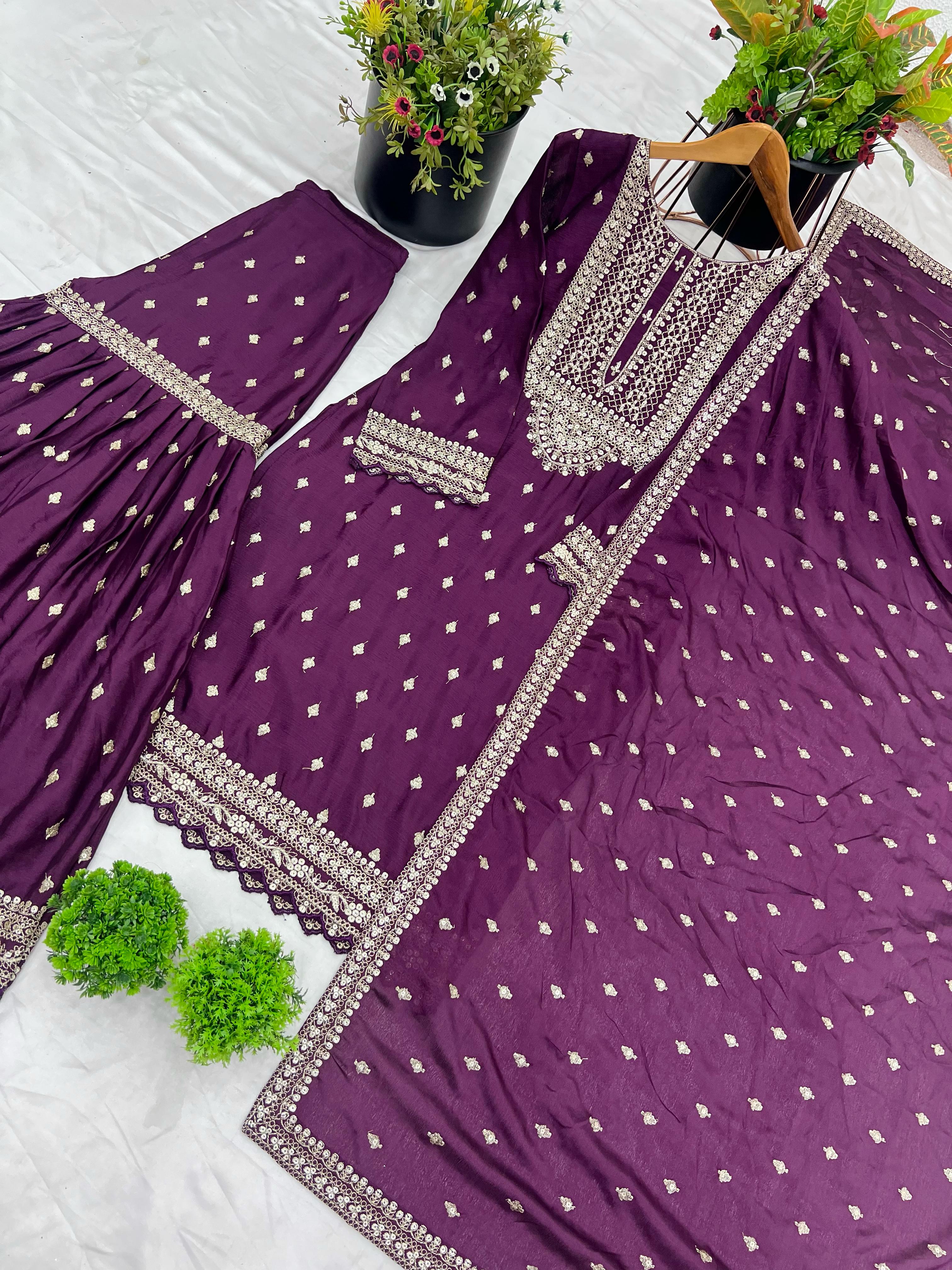 Heavy Embroidery Work Wine Color Sharara Suit