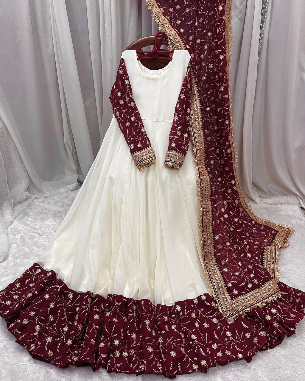 Peaceful Chinon Sequence Work White Color Gown