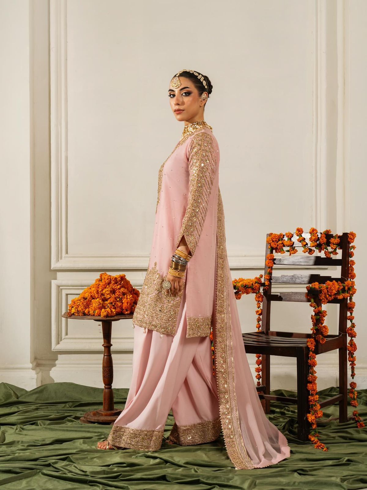 Ravishing Pink Chinon Silk Sequence Work Palazzo Suit