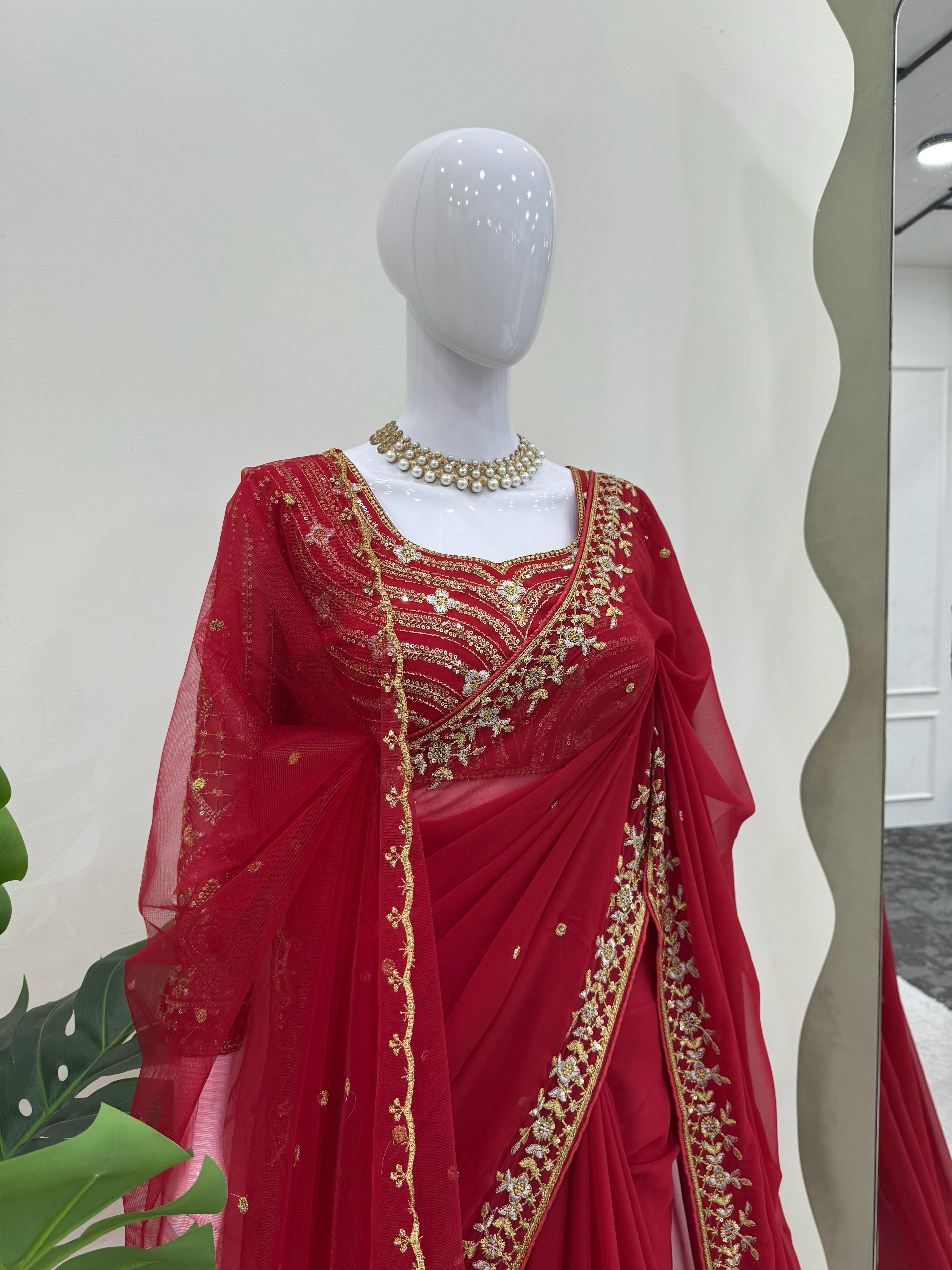 Awesome Heavy Work Red Color Saree