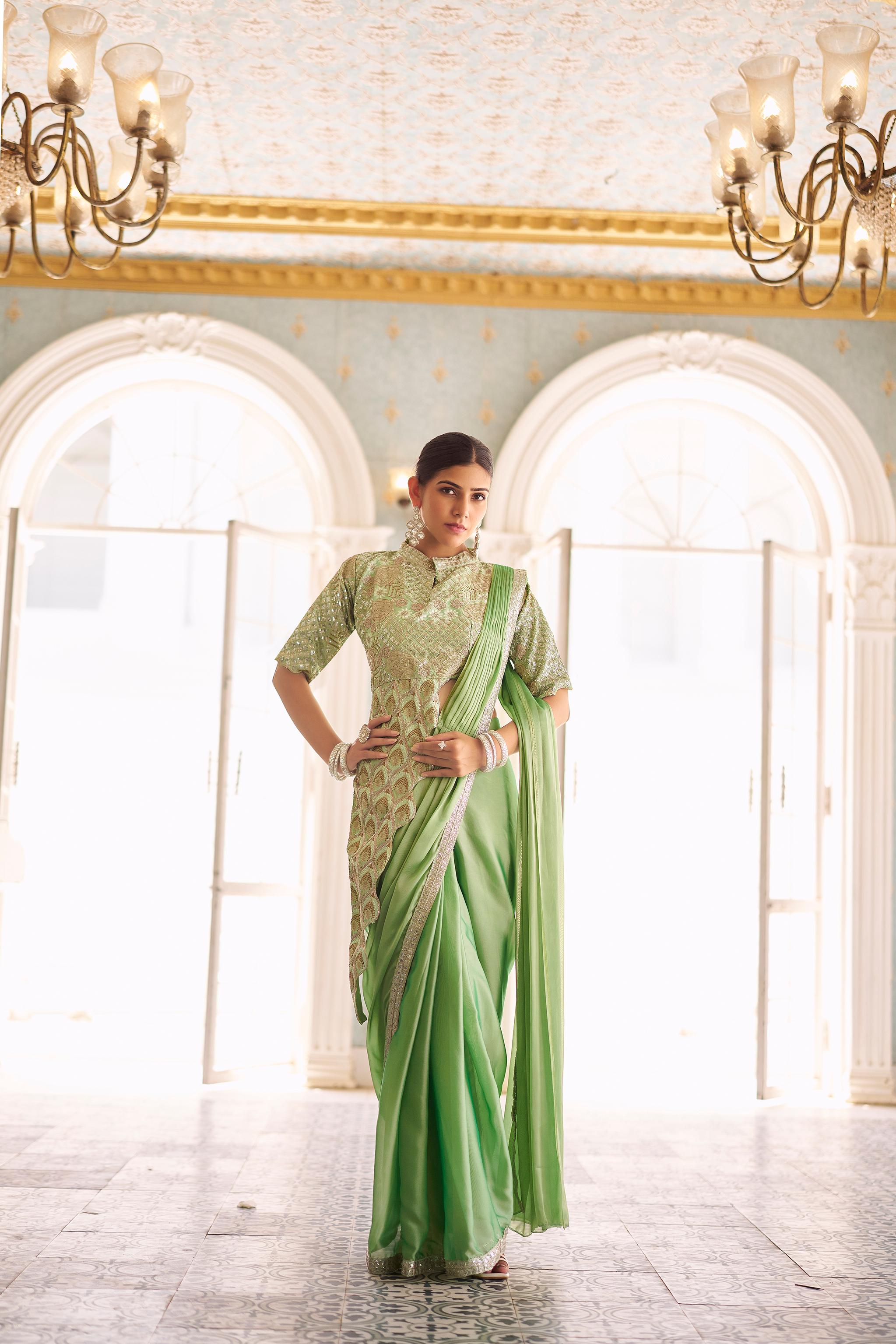 Classy Chinon Embroidery Work Pista Color Ready To Wear Saree